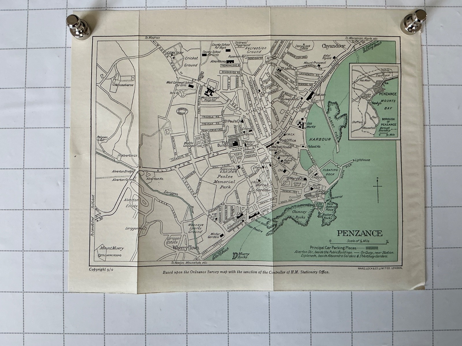 PENZANCE – 1950 Vintage Street Map Plan Hotels Railway Schools Penlee Park