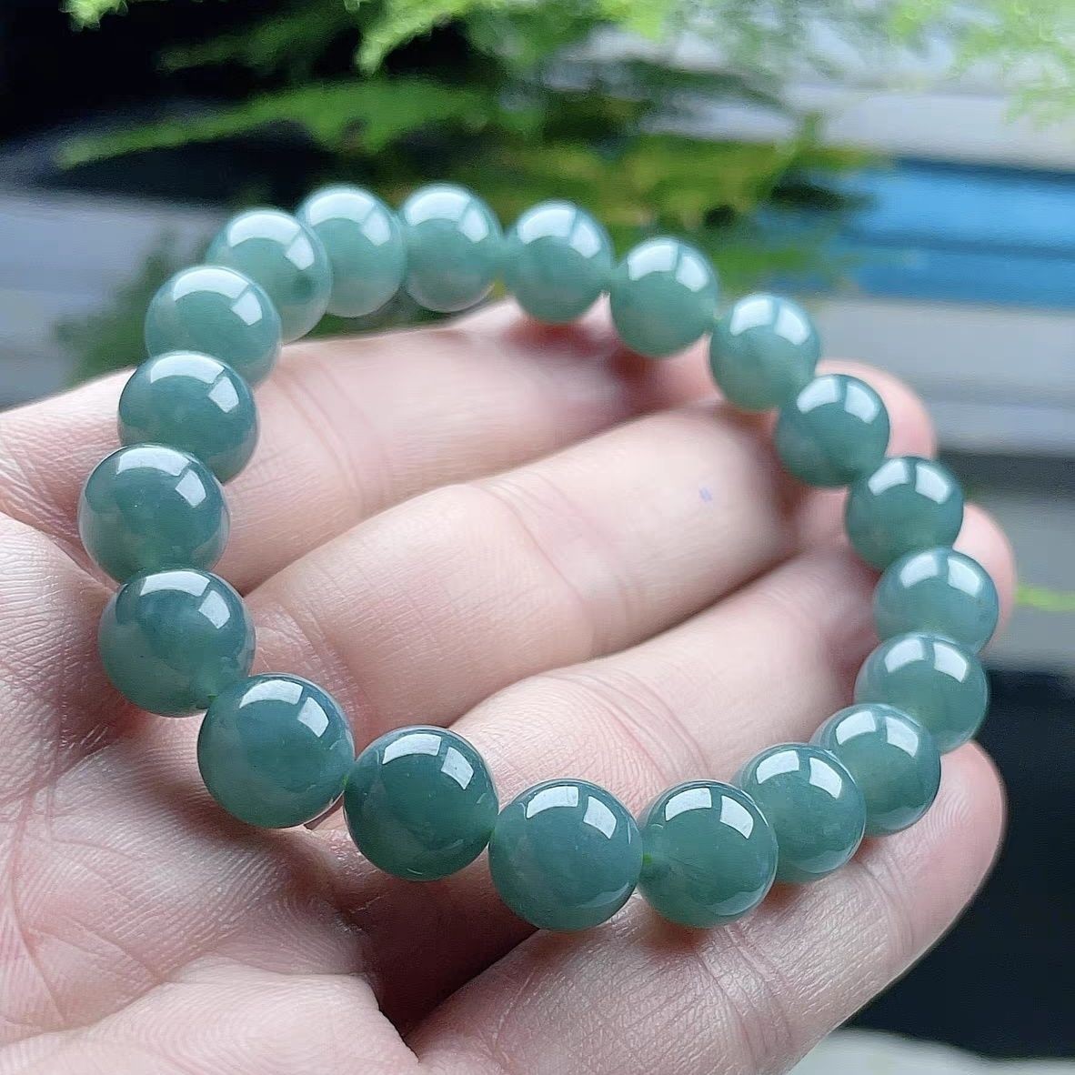 -Ice Blue Green Jade Bracelet 12mm Round Bead Unisex Handcrafted Bead Bracelet–