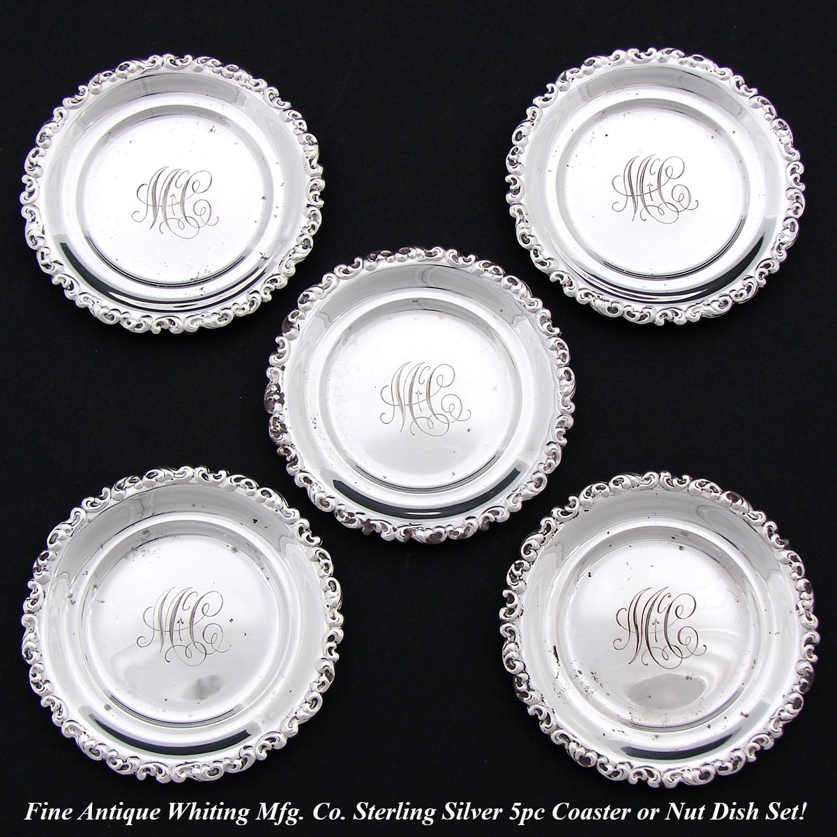 Set of 5 Antique Whiting Mfg Co Sterling Silver 3″ Coaster or Butter Pat Dishes