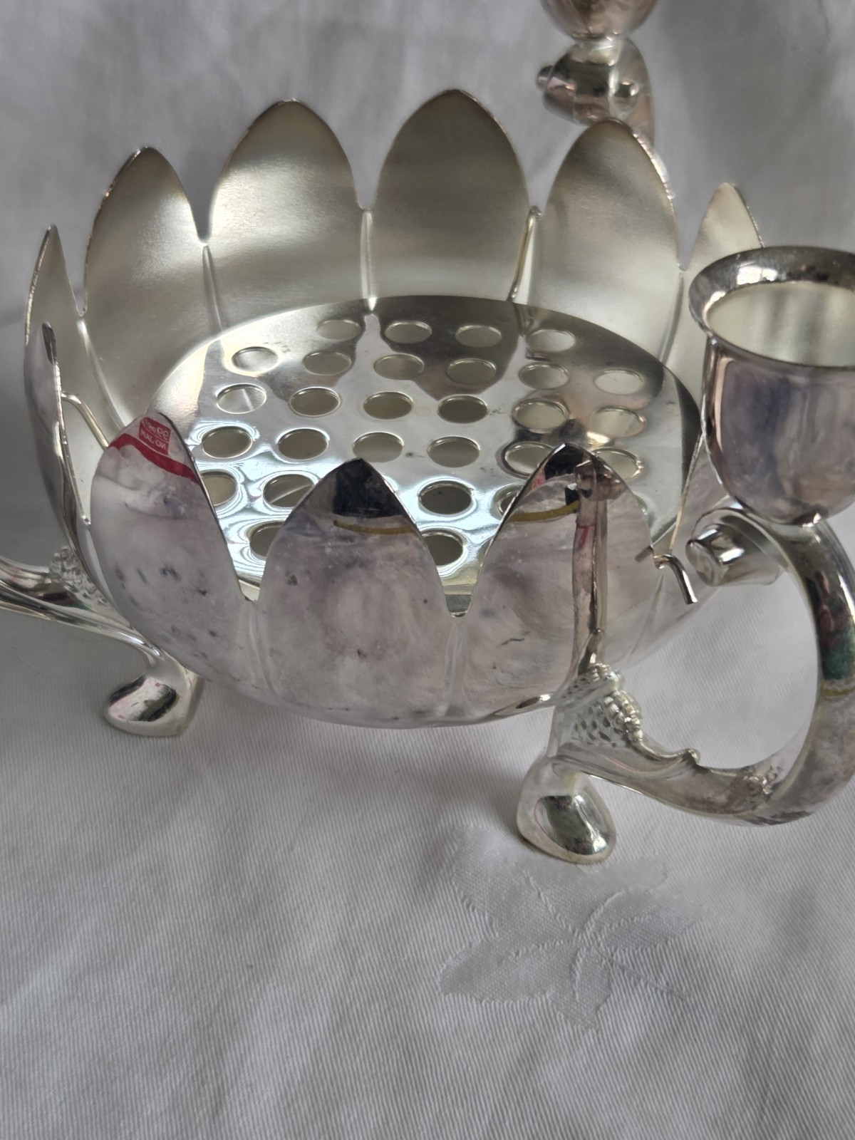 Vintage Leonard Candelabra Silver Plated Lotus Flower Frog 3 Candle Holder Bowl