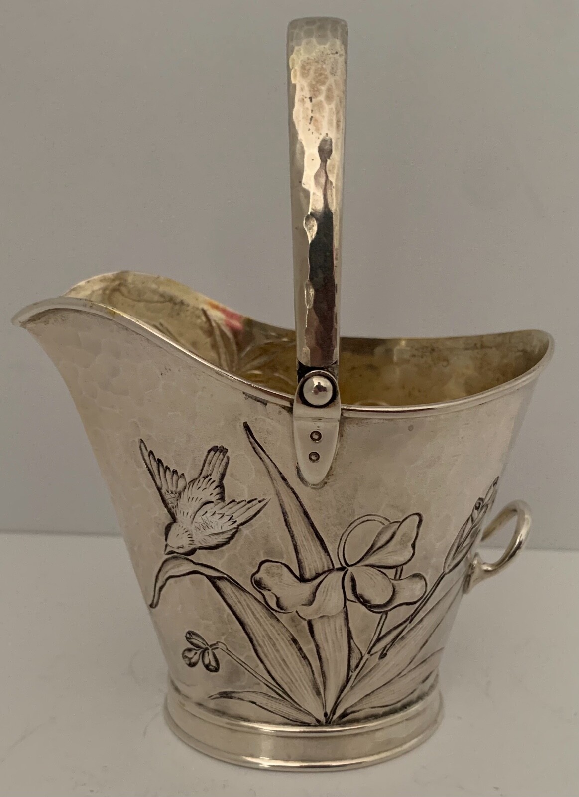 WHITING AESTHETIC STERLING COAL SCUTTLE BUCKET CREAM PITCHER CHASED BIRD & BUG