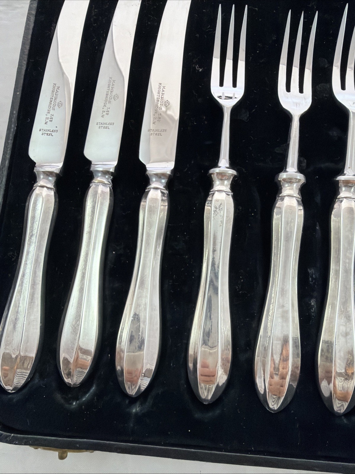 Harrods London S.W. Set of Antique Silver-Plated Dessert Forks & Knives w/ Case