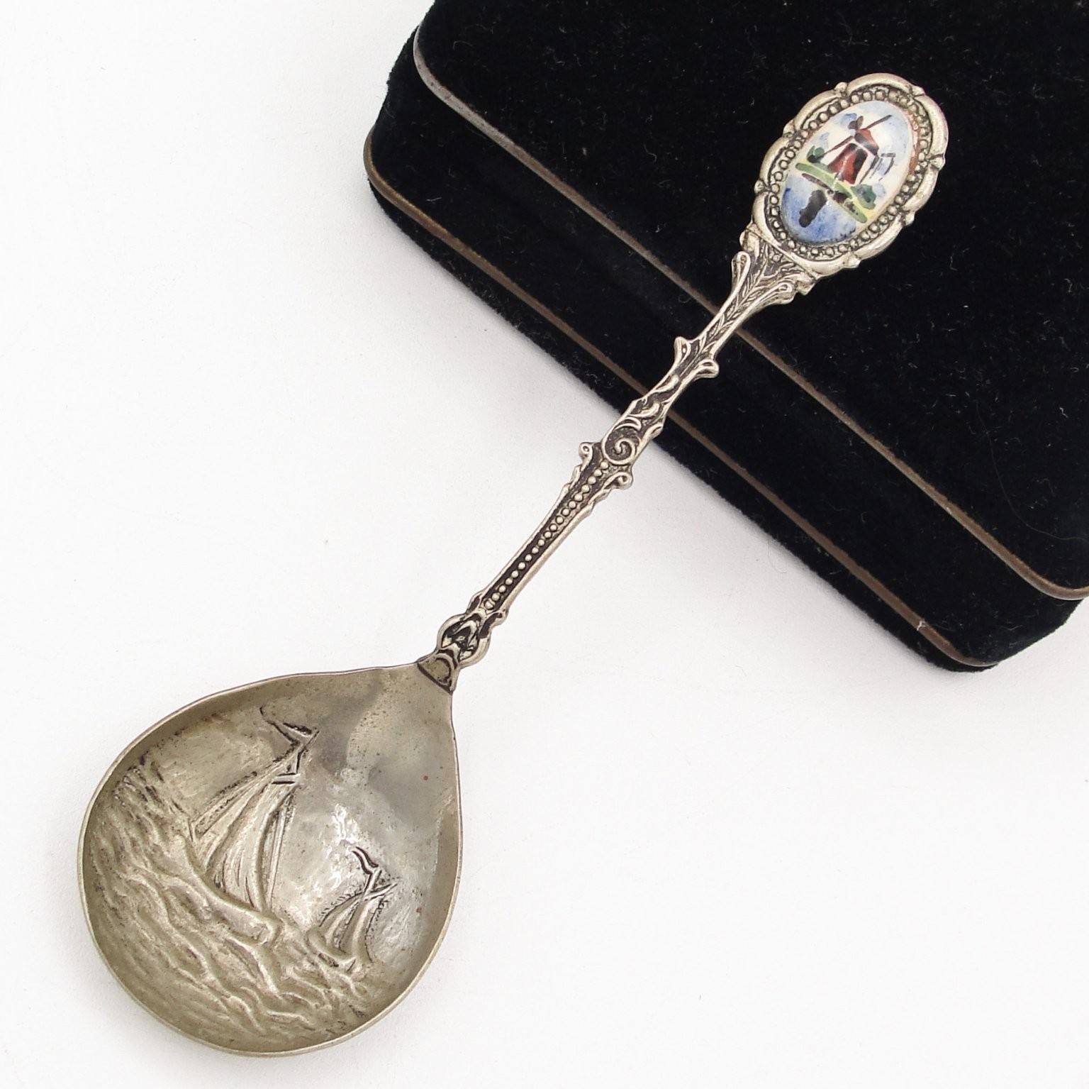 Vintage Holland Souvenir Spoon Delft Blue Windmill Enamel Repousse Sailboat Bowl