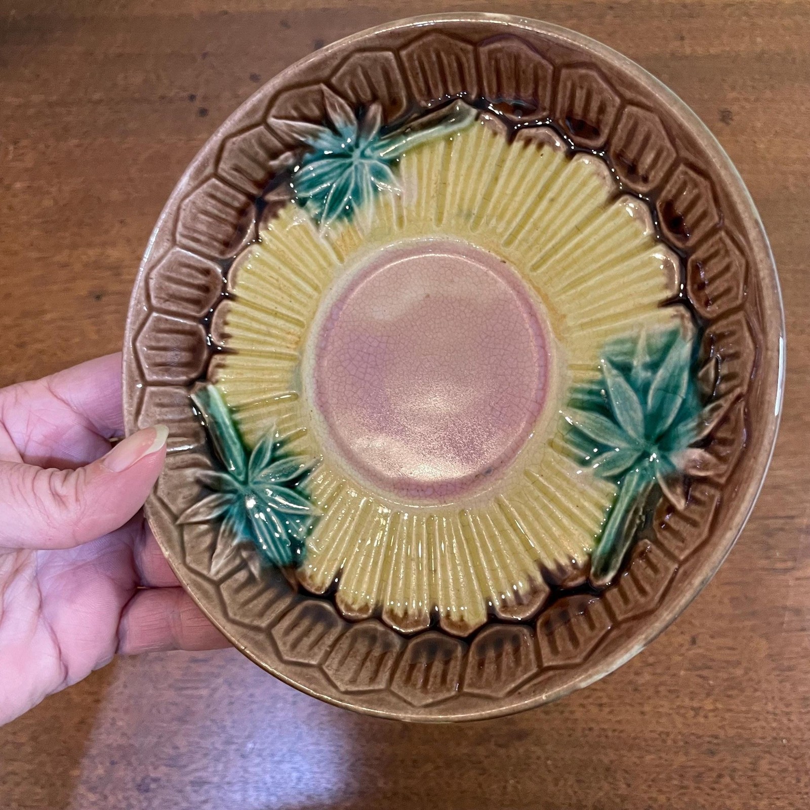 Antique Majolica Etruscan Bamboo Cup & Saucer Set, Circa 1880