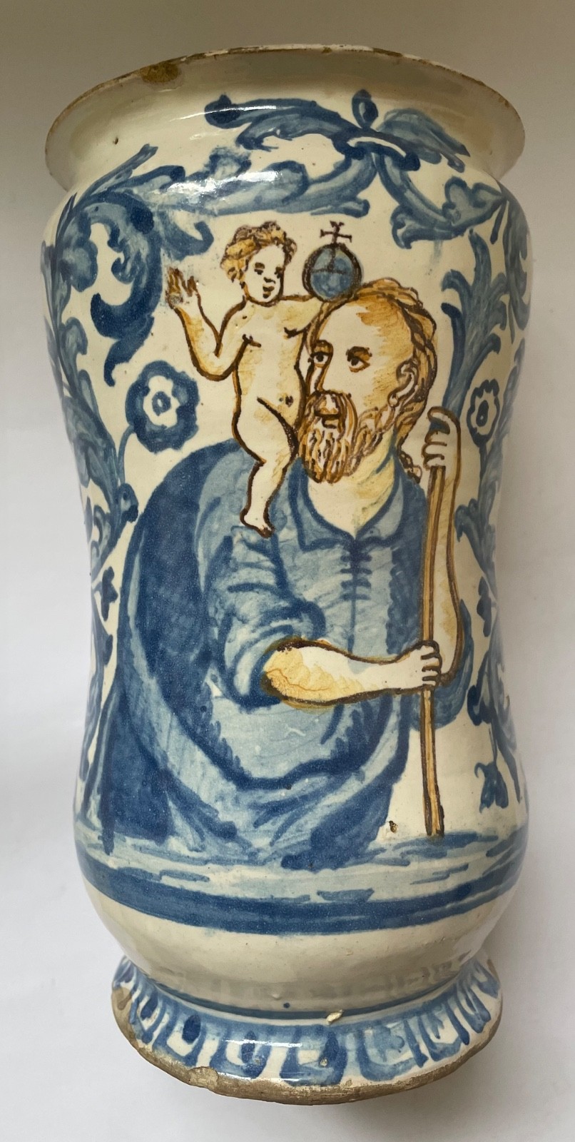 19th C. Italian Maiolica Albarello Depicting St. Christopher 8.5 Inches