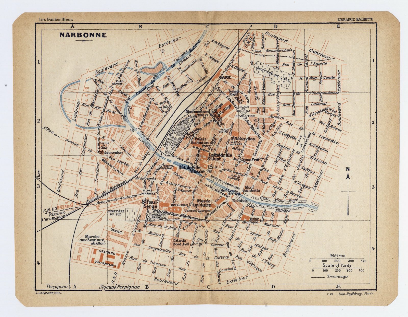 1926 ORIGINAL VINTAGE CITY MAP OF NARBONNE LANGUEDOC-ROUSSILLON / FRANCE