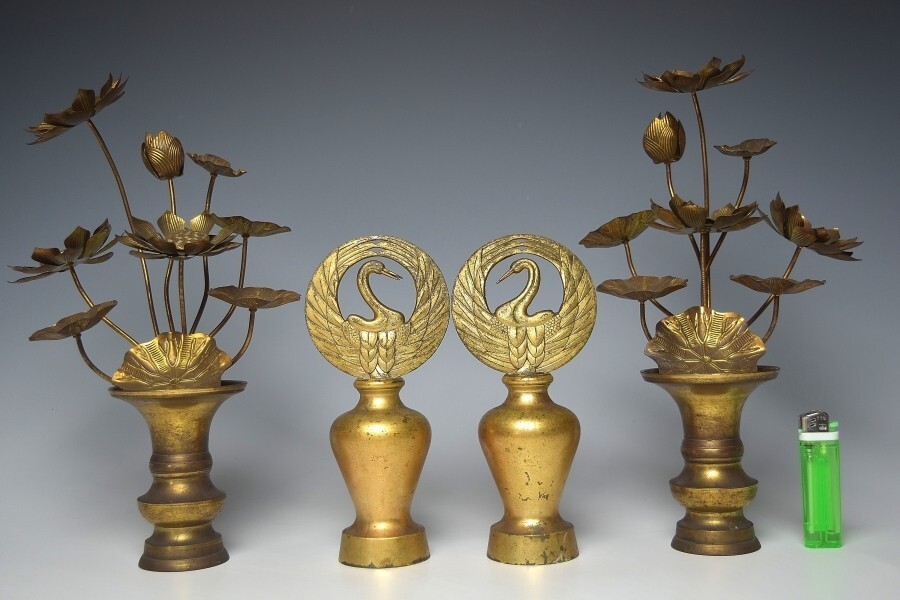 4pcs Traditional Copper Buddhist Altar Fittings Gold Plate H8inch Japan Antique
