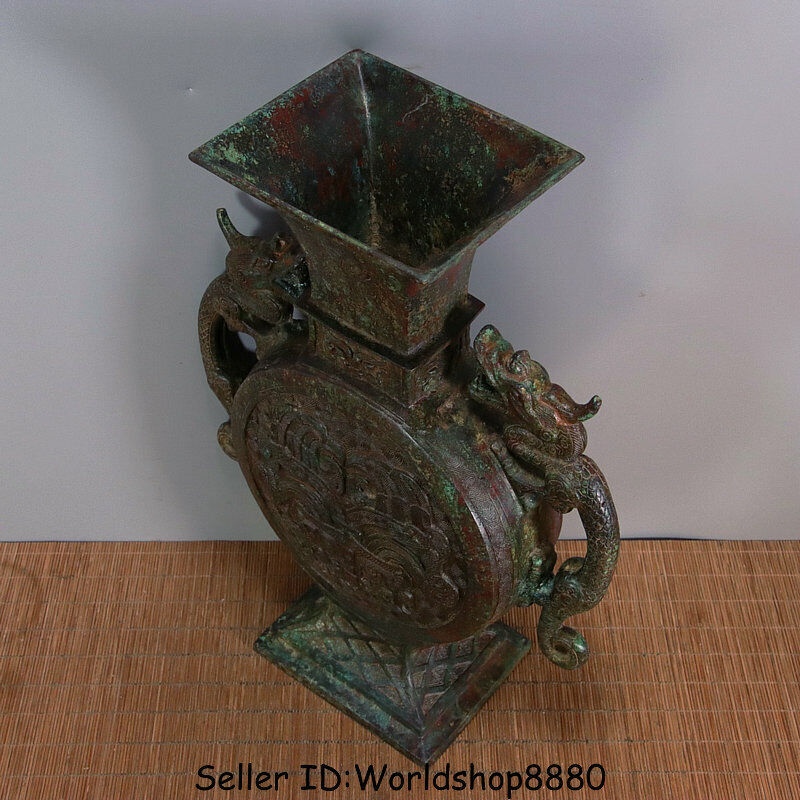 14.8″ ANTIQUE OLD CHINA BRONZE WARE DYNASTY DRAGON BEAST FACE BOTTLE VASE VESSEL