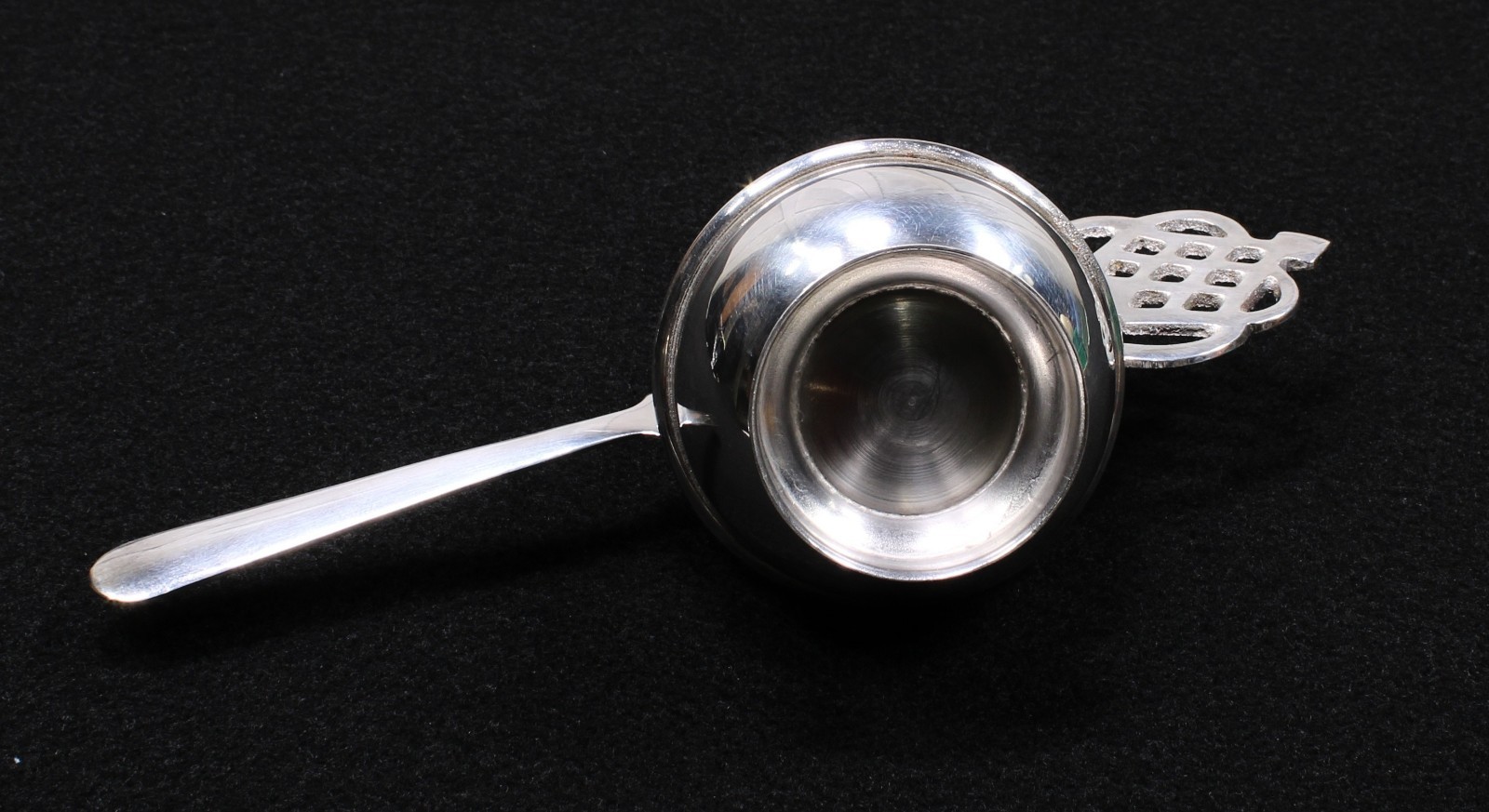 Vintage Silver Plated Tea Strainer With Drip Cup Ornate Crown Lattice Design