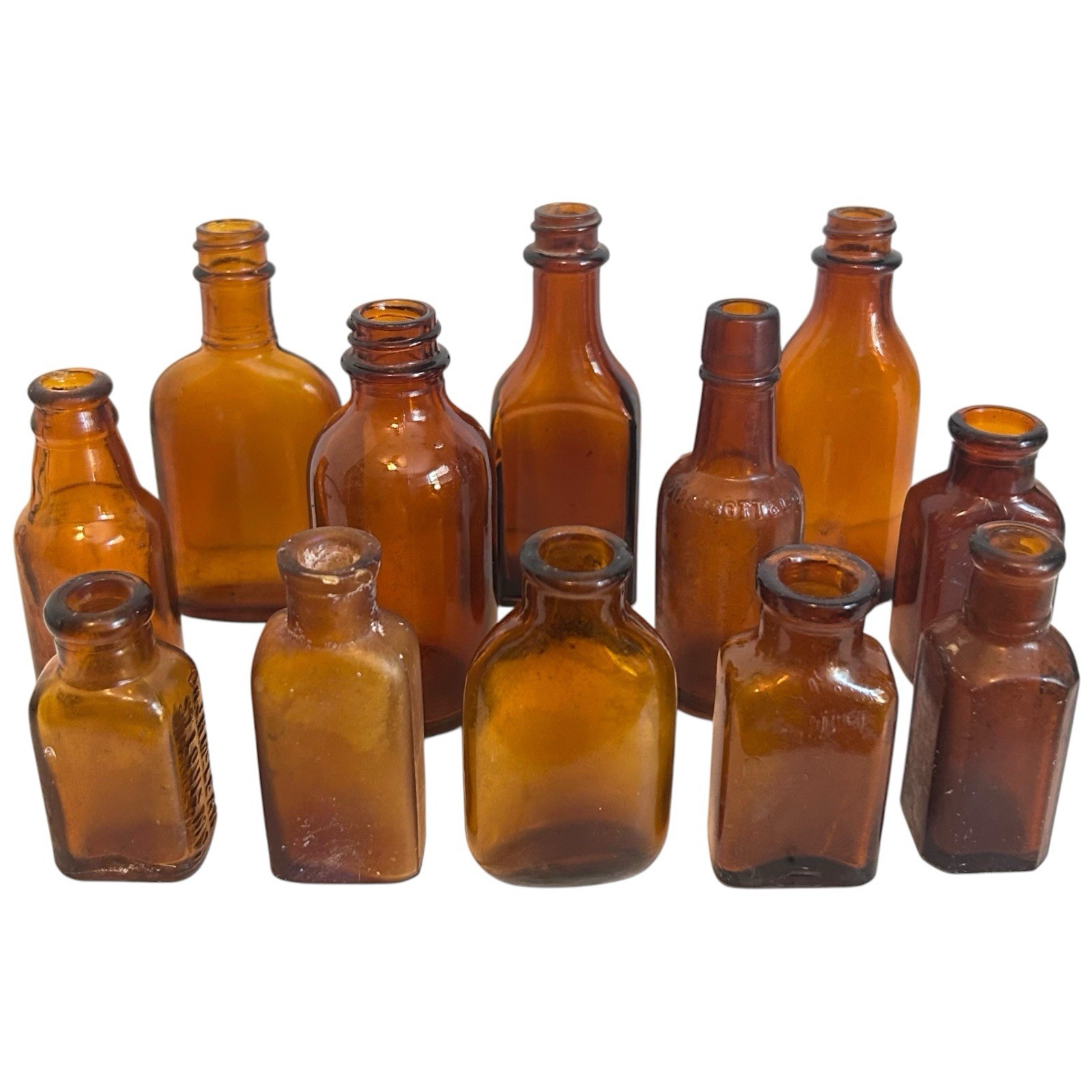 Lot of 12 Antique Amber Glass Apothecary Bottles Small Medicine Jars VTG Variety