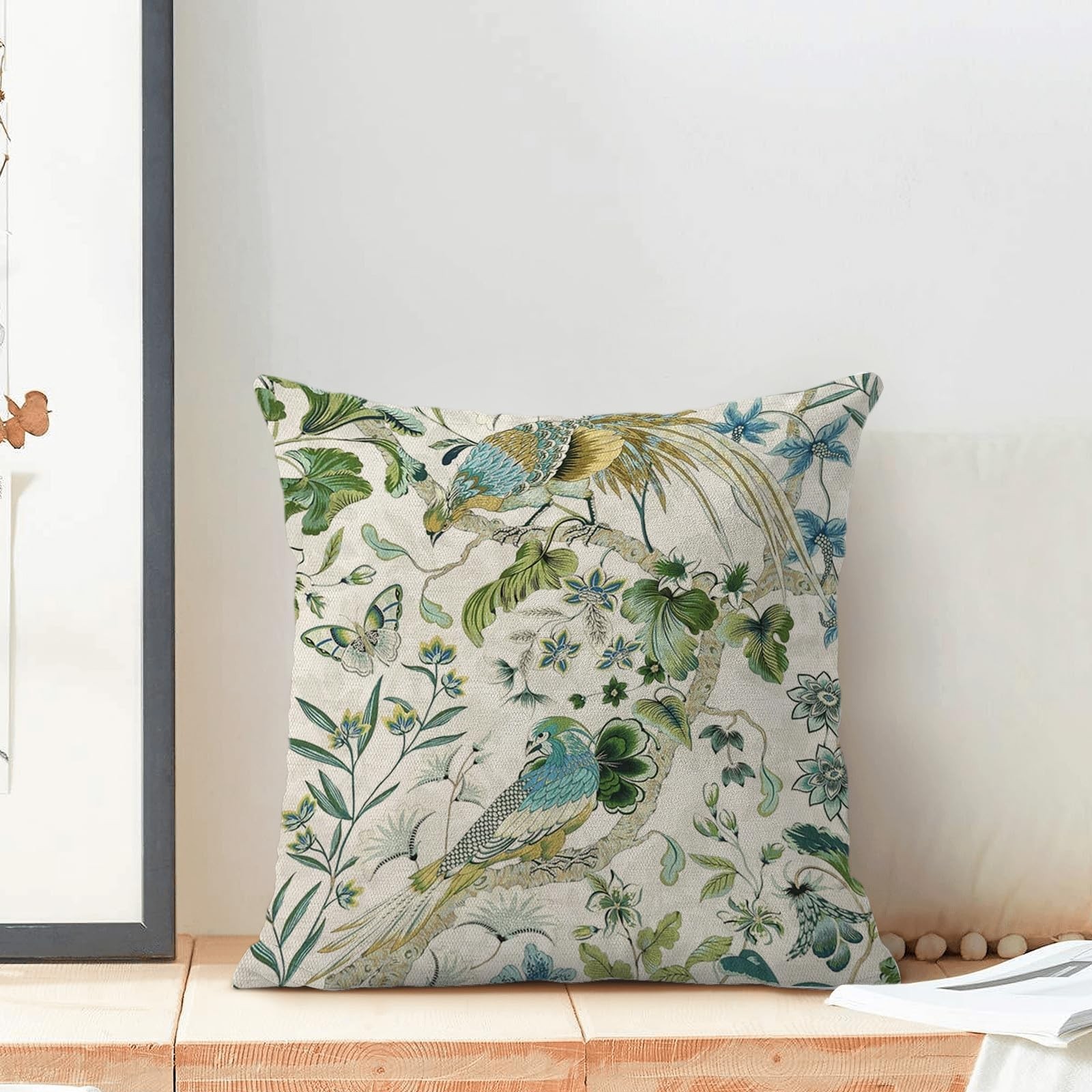 Chinoiserie Pillow Covers 18×18 Set of 2 Green Birds Floral Throw Pillow Cove…