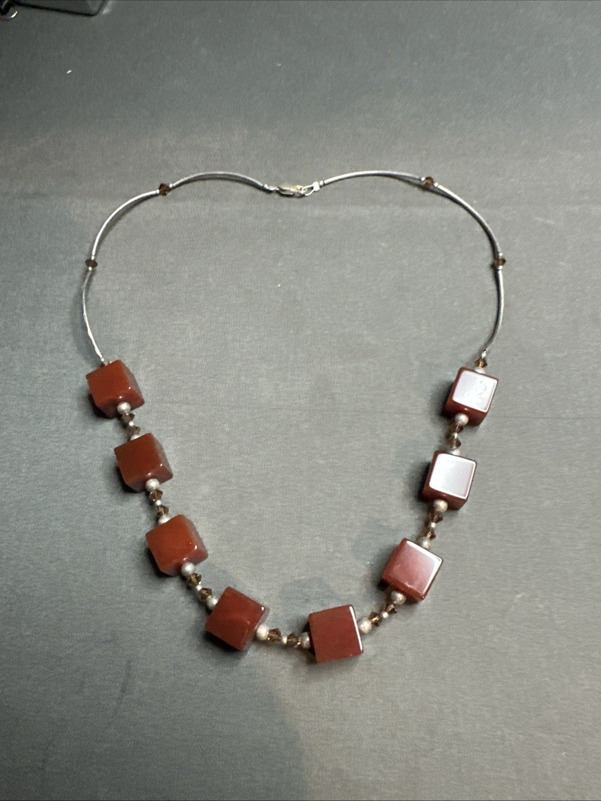 Vintage Old Silver 925 Red Squares And Silver Beads Beautiful Necklace Rare