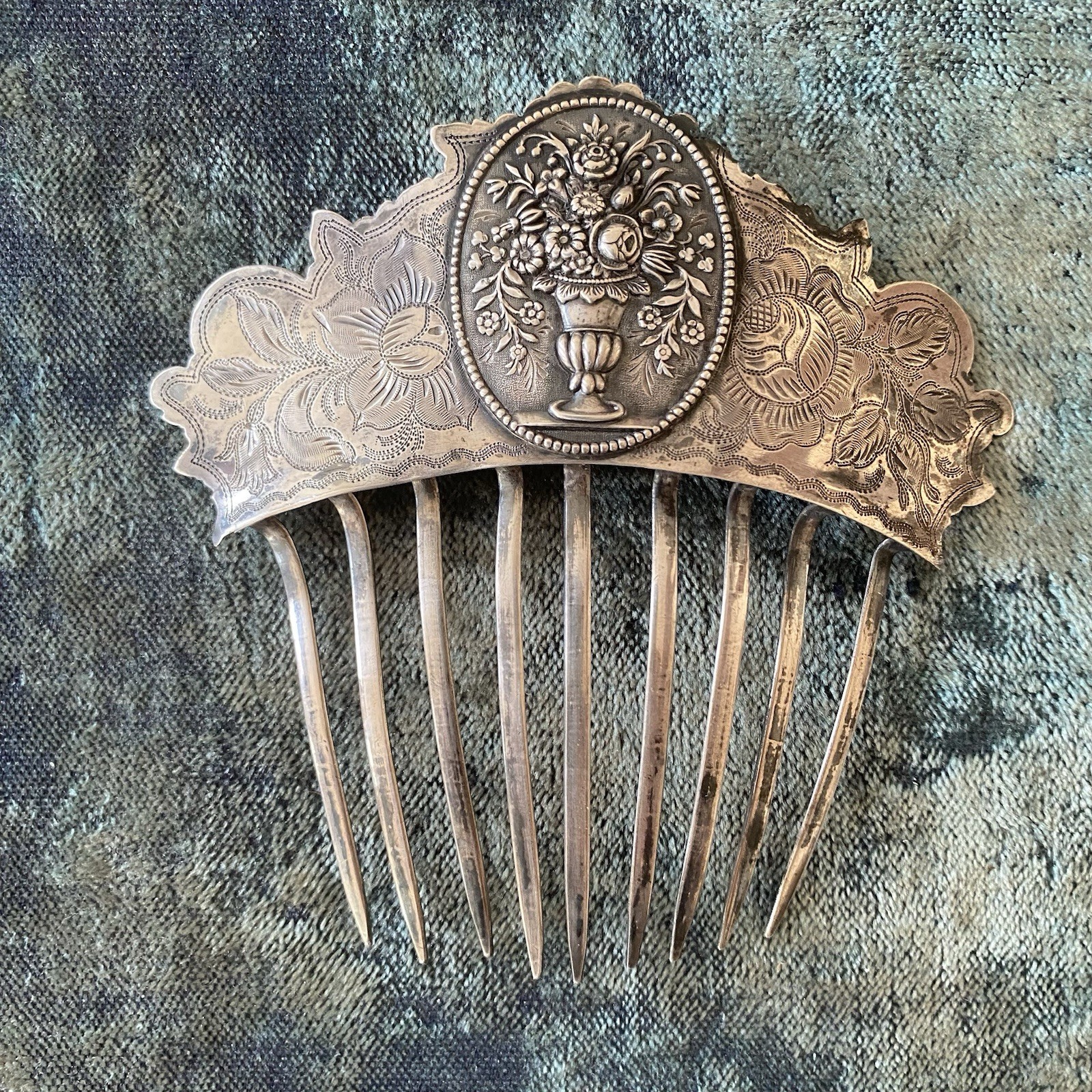 American Early Coin Silver Hair Comb Antique .900 Basket of Flowers Not Sterling