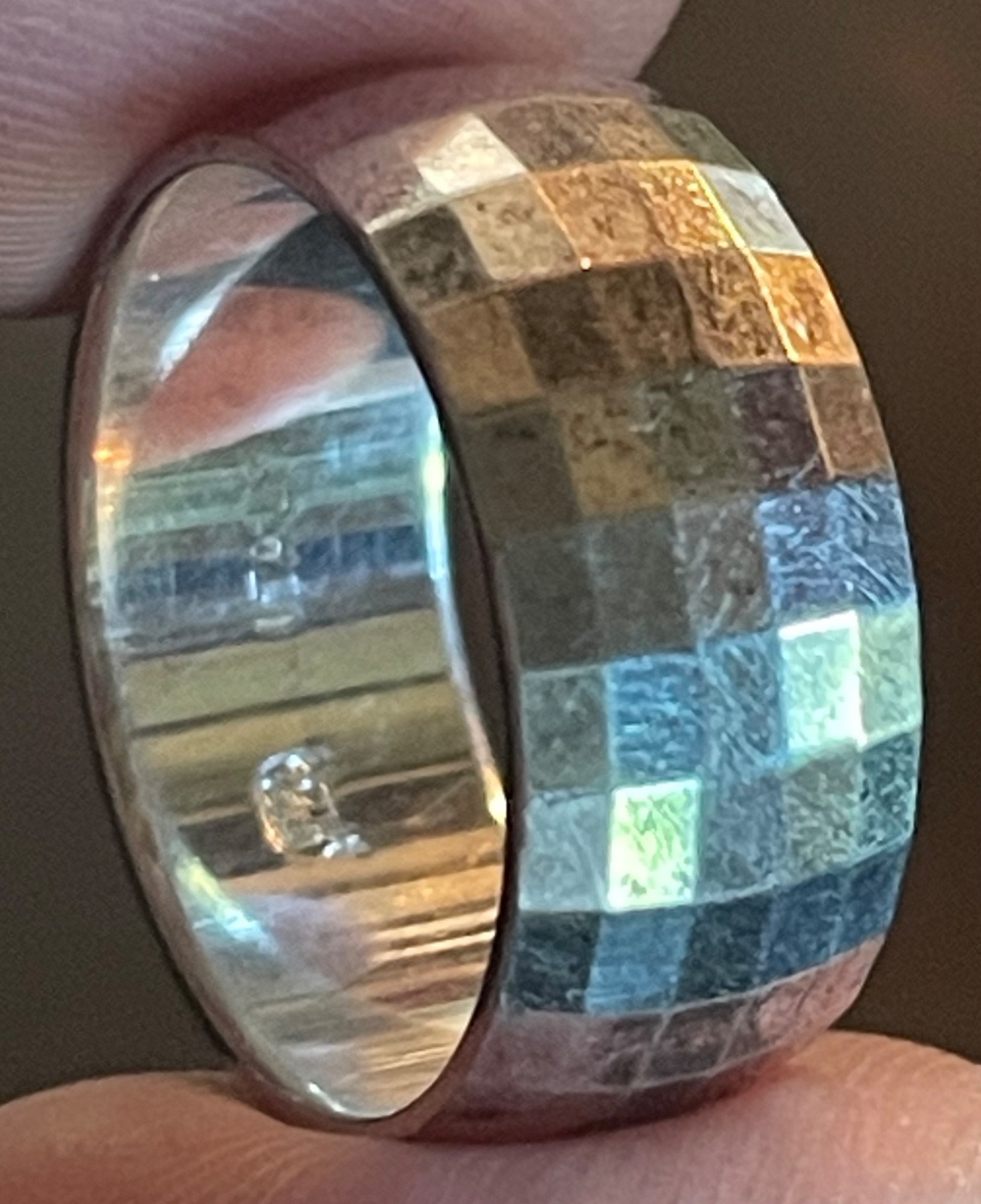 VTG Italy 925 Sterling Silver Disco Ball Faceted Checkerboard Wide Band Ring