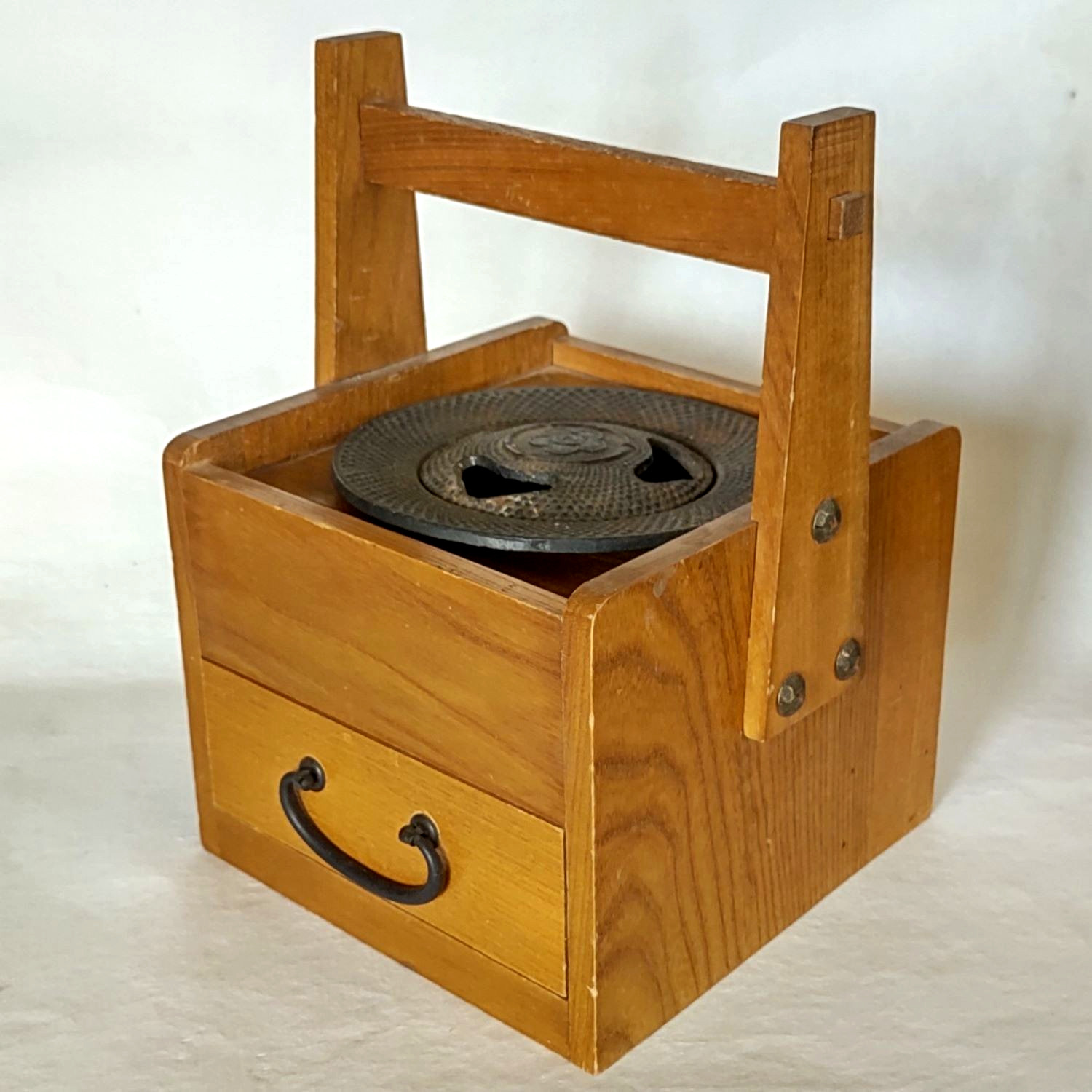 Japanese Vintage Nanbu Tekki Ashtray Cast Iron Tabakobon Wood Chest Drawer