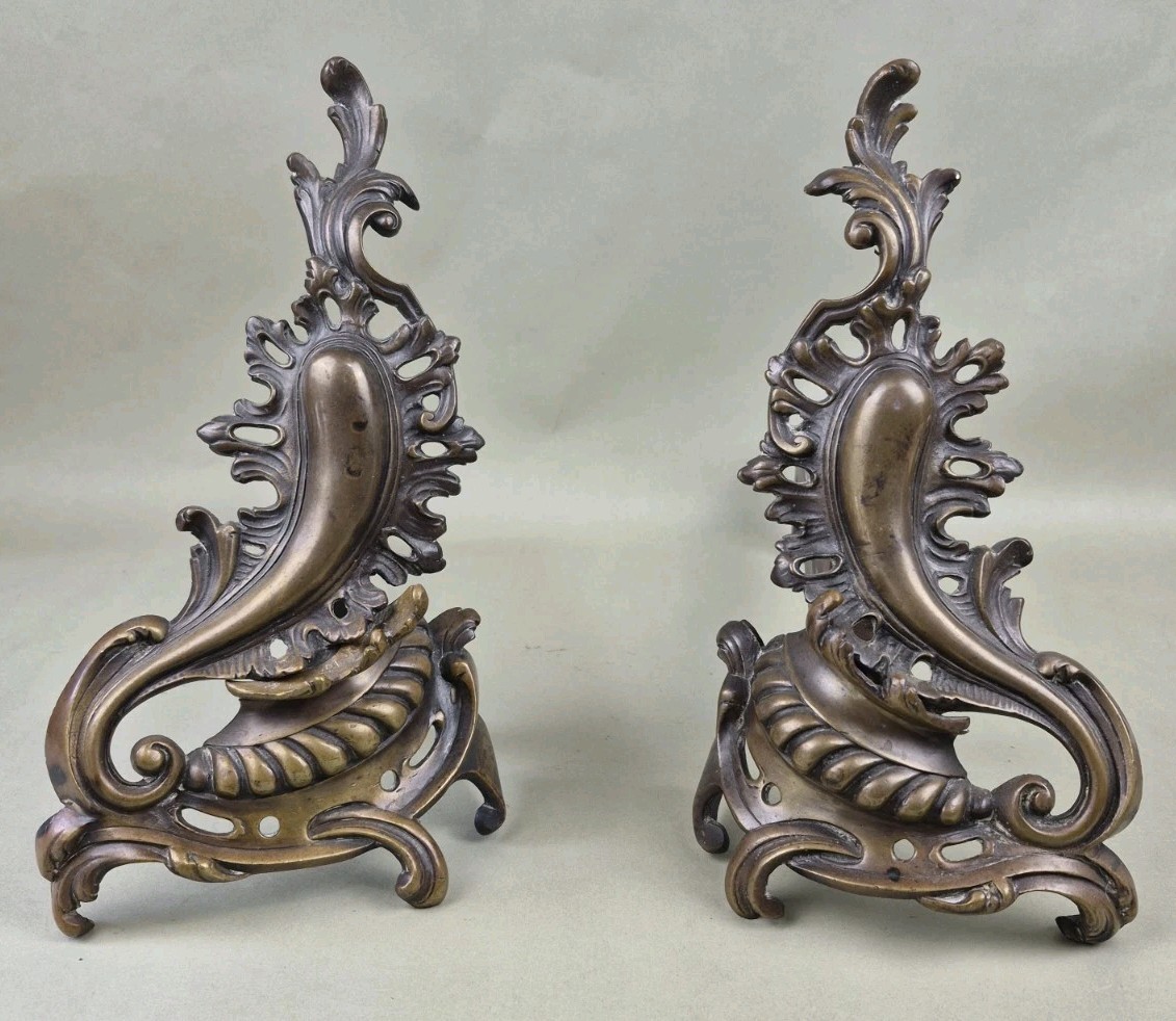 Antique FRENCH ROCOCO BRONZE Fireplace Andirons BAROQUE Fire Dogs Estate Luxury