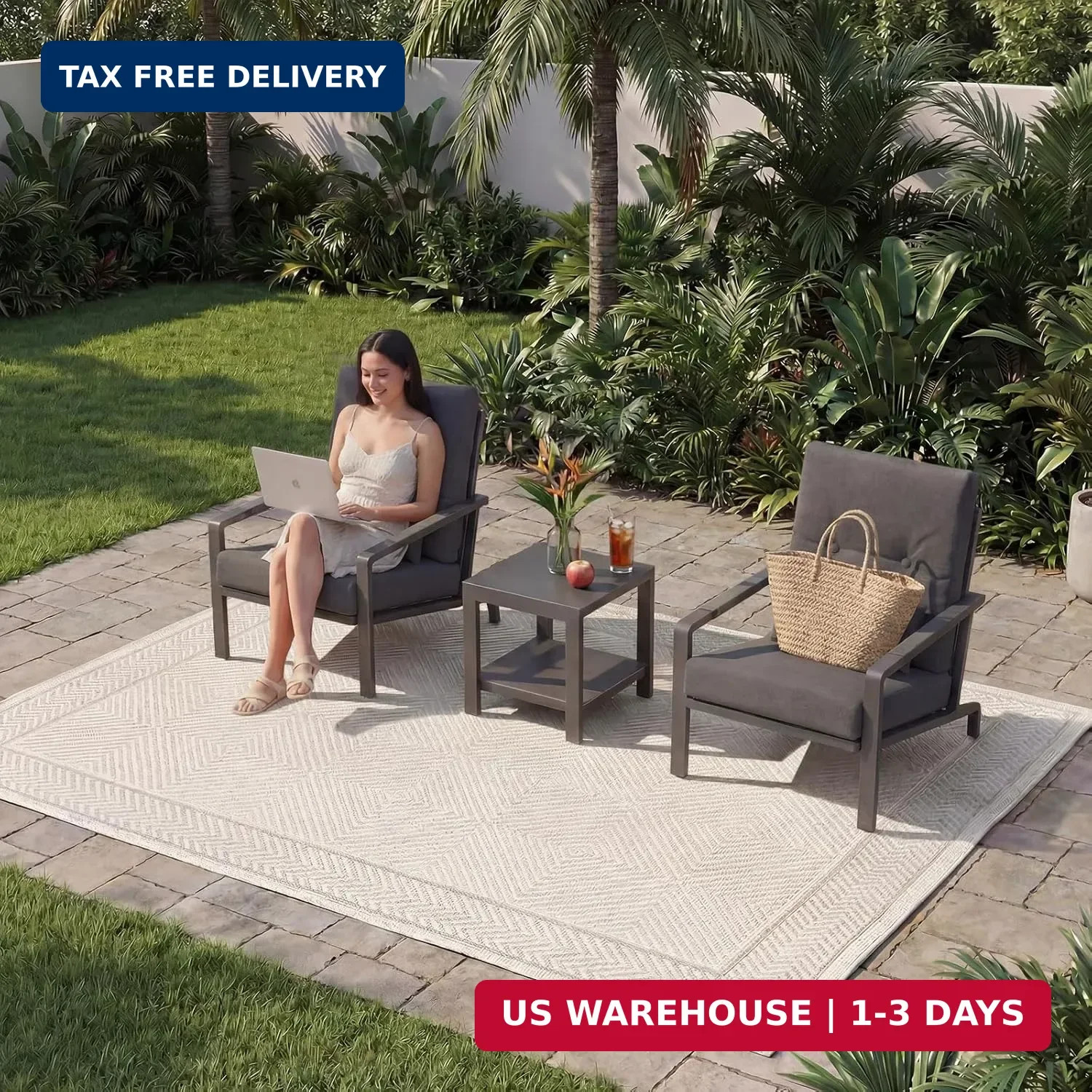 3-Piece Small Patio Set, Gray Aluminum Outdoor Furniture Set with Loveseat, 2 Ch