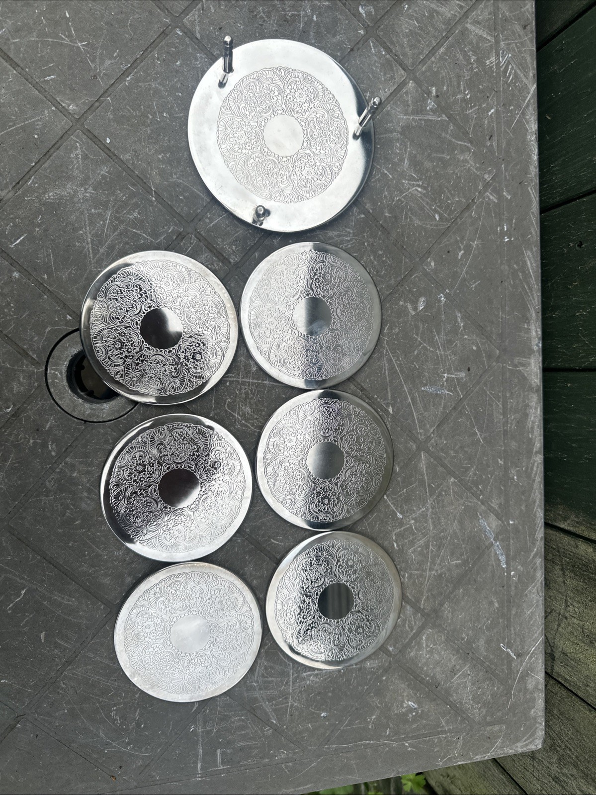 Vintage Silver Plated Set of 6 Etched Round Coasters in Caddy Holder 7 Piece Set