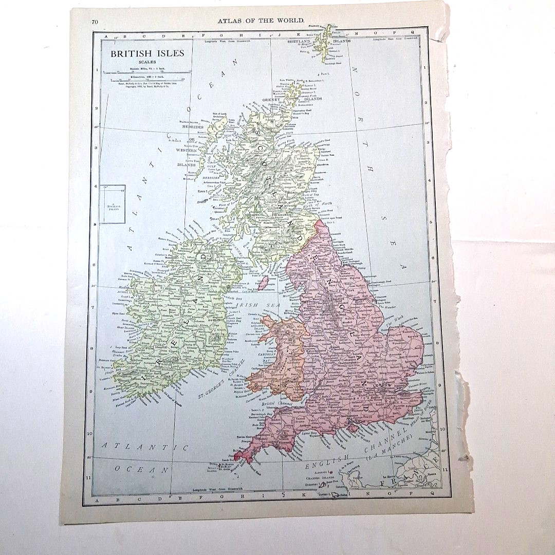 Antique 1905 British Isles United Kingdom Color Map Rand-McNally Atlas Page