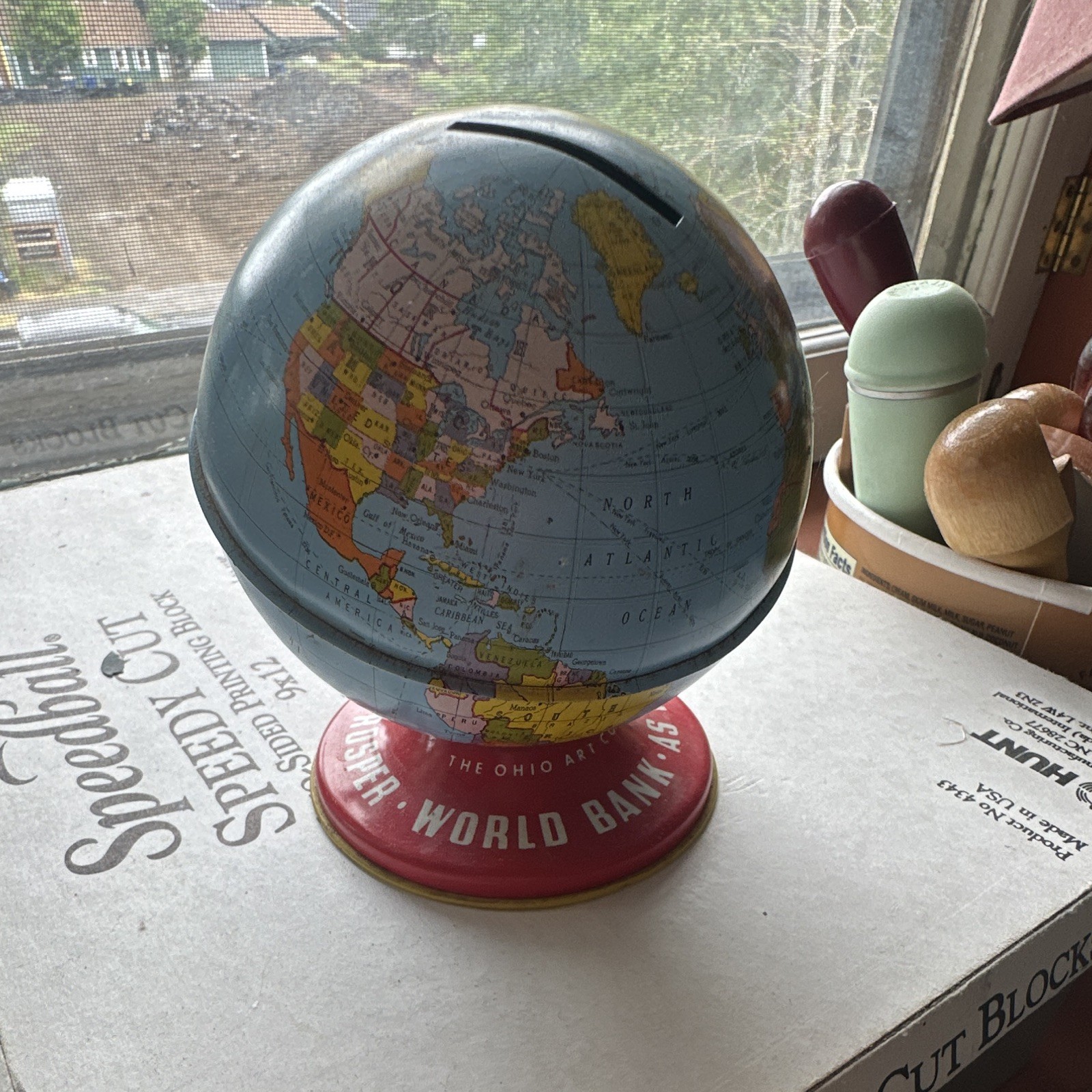 Ohio Art Co. 1942 World Globe Coin Bank, 4in Diameter, Blue/Multicolor