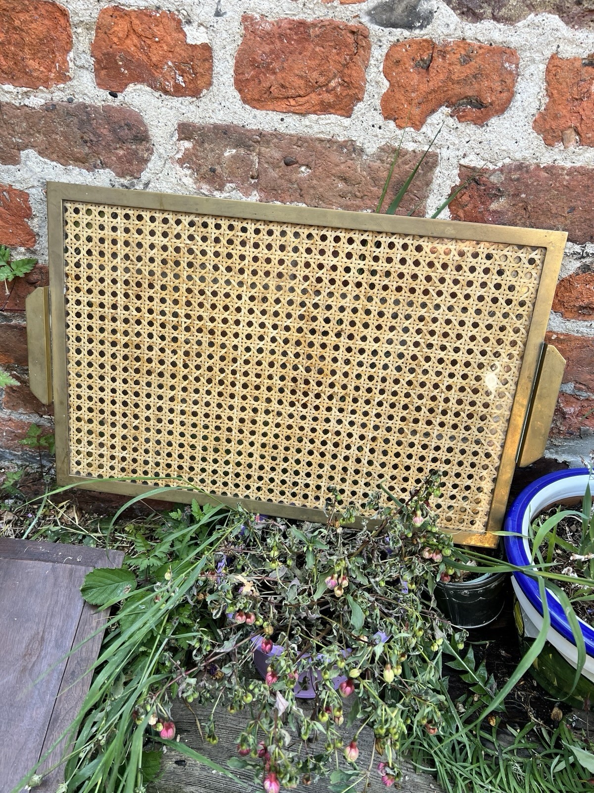 Vintage Mid Century Brass Lucite Rattan serving tray Montagnani Italy 1970s Old