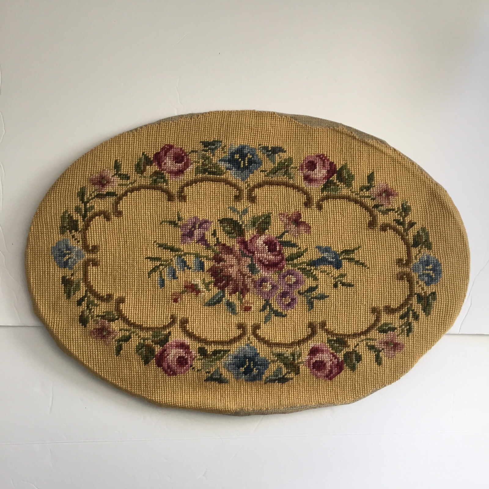 Handmade Needlepoint Tapestry – Oval Shape Floral Blue, Purple, Pink