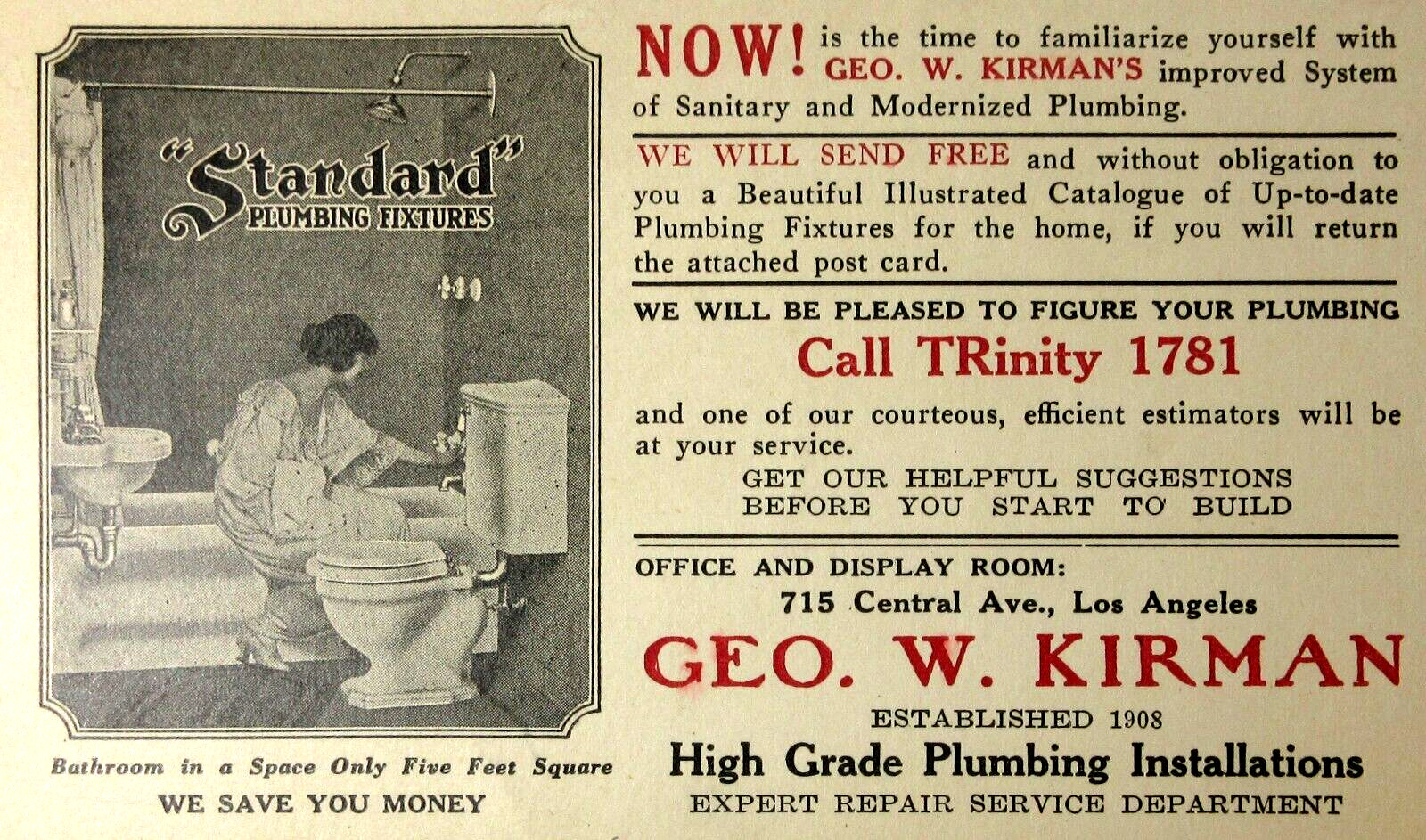 Plumbing Bathroom Fixtures Business Card George Kirman Los Angeles CA 1924