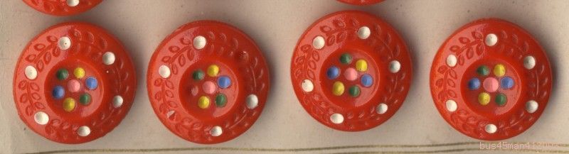 6 Czech Glass White, Pink, Yellow & Blue Dots on Red Buttons – .711″ = 18.06mm