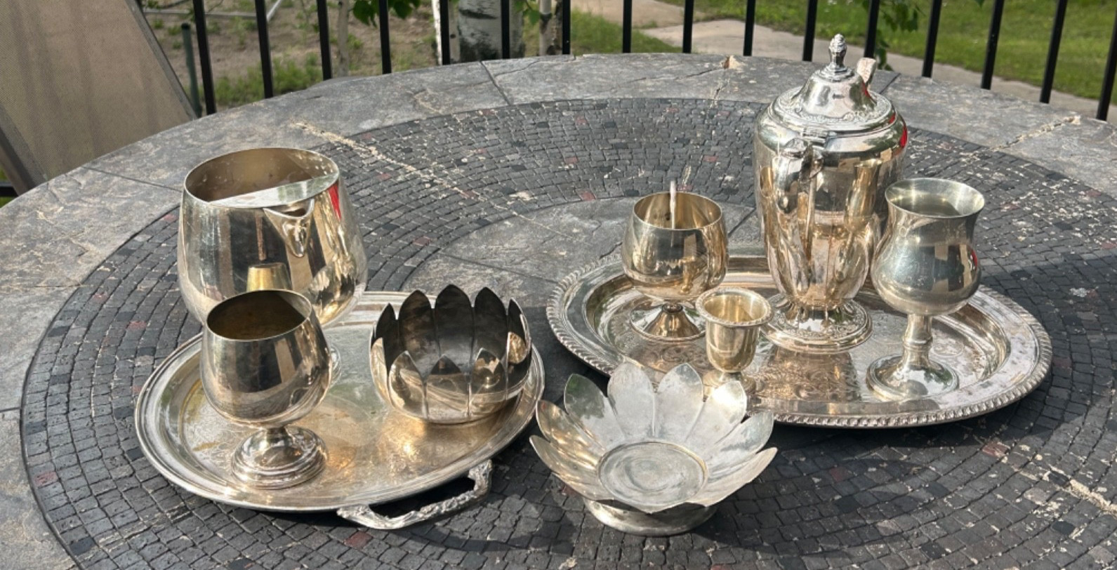 Lot of silver/silver plate items 10 pieces, bowls, teapot, trays, goblet, carafe