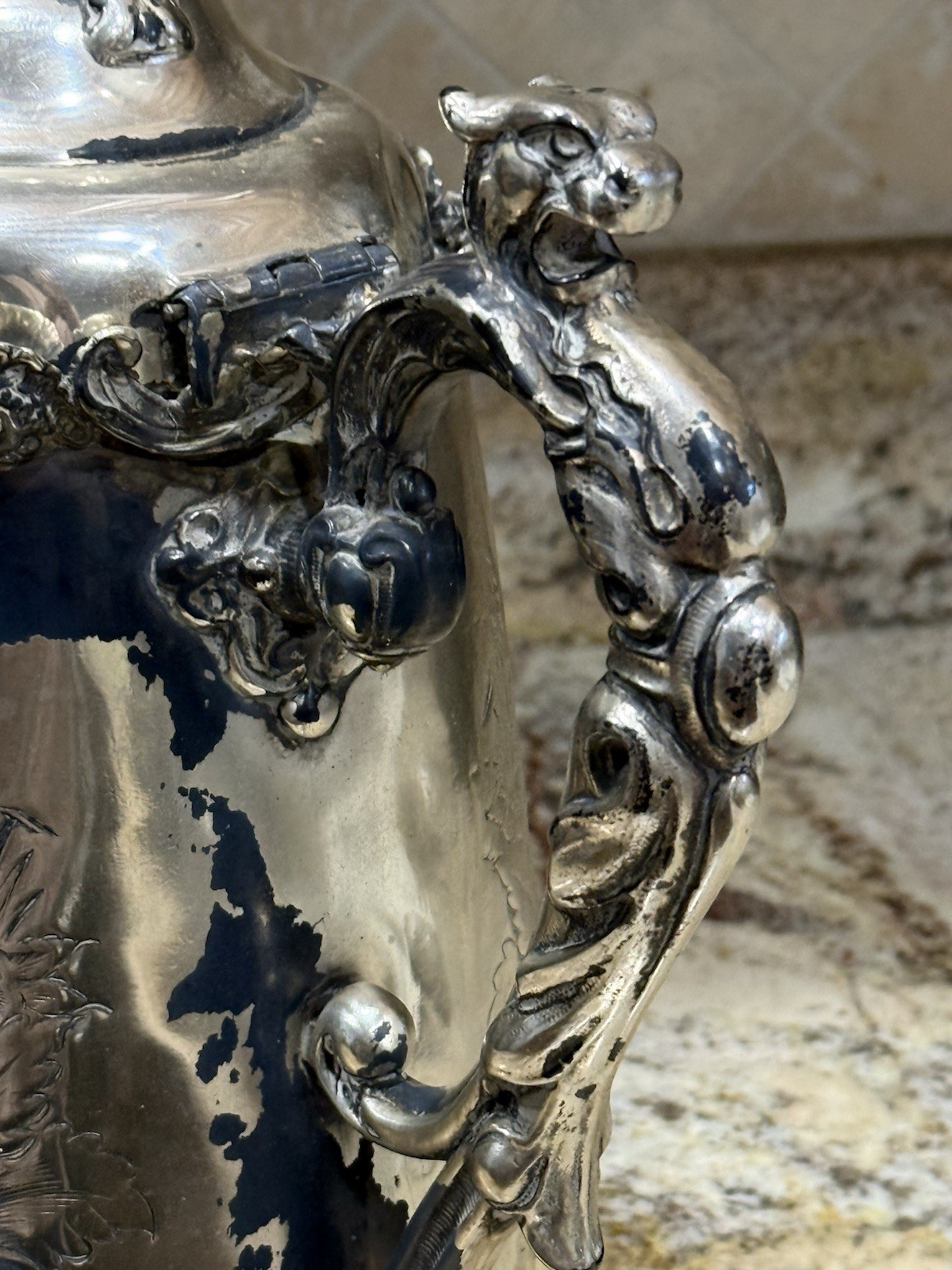⭐Antique Silver Plate Water Pitcher E Kaufman Eagle Animal Etched Details 12″