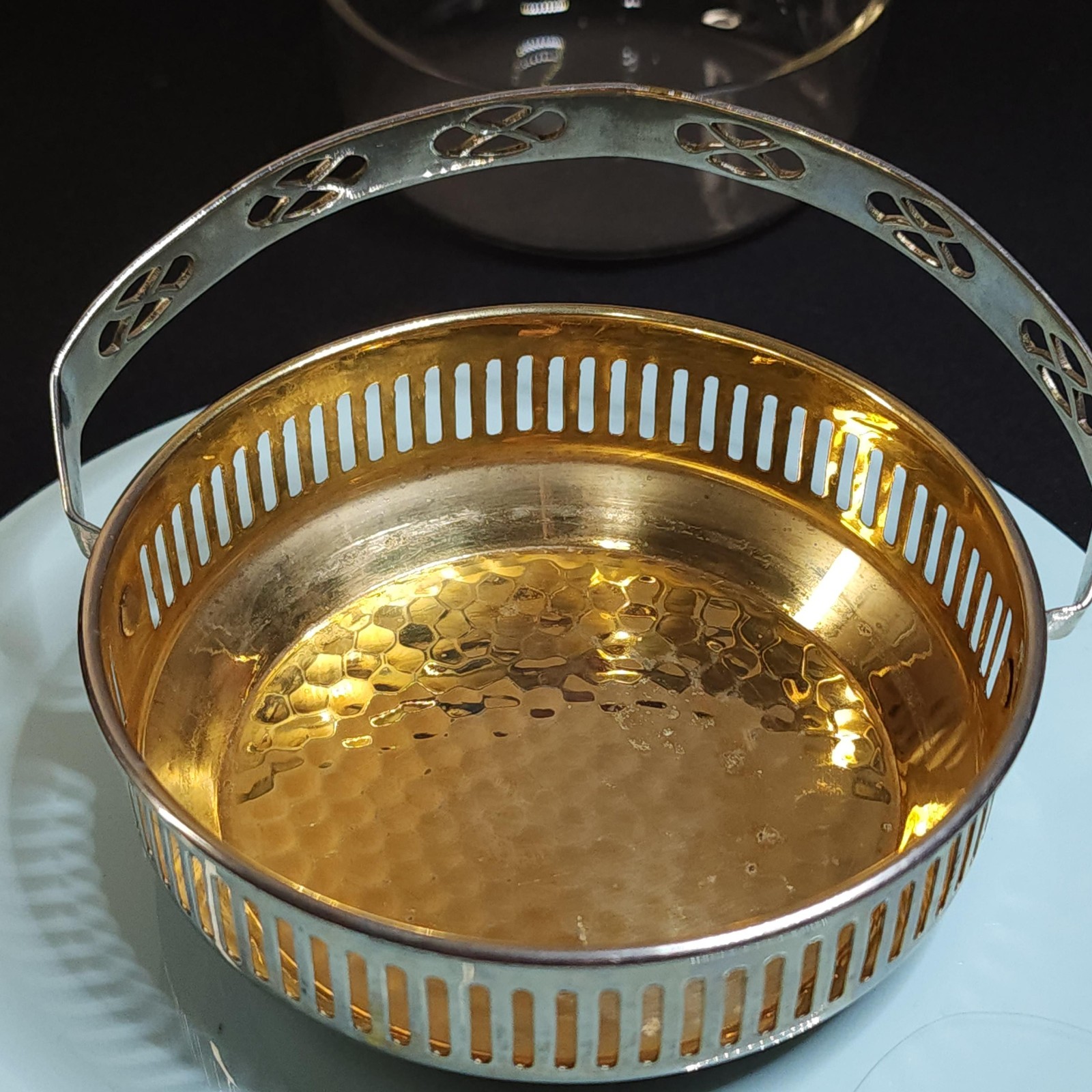 Vintage Silverplate Sugar Bowl Hammered Brass Liner & Tongs Glass Dish England