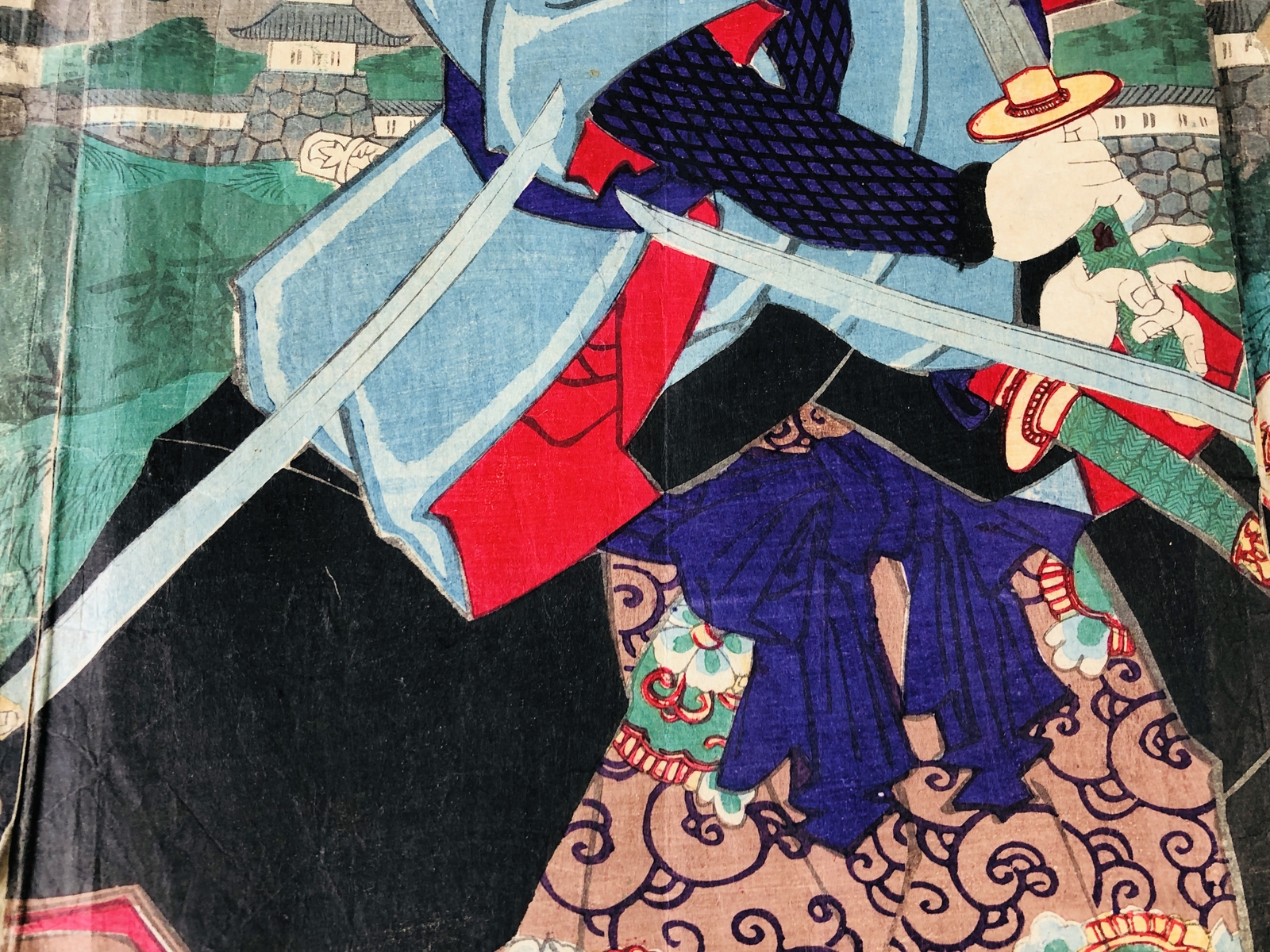 Y7150 WOODBLOCK PRINT Chikanobu triptych Kabuki sunrise Japan Ukiyoe antique art