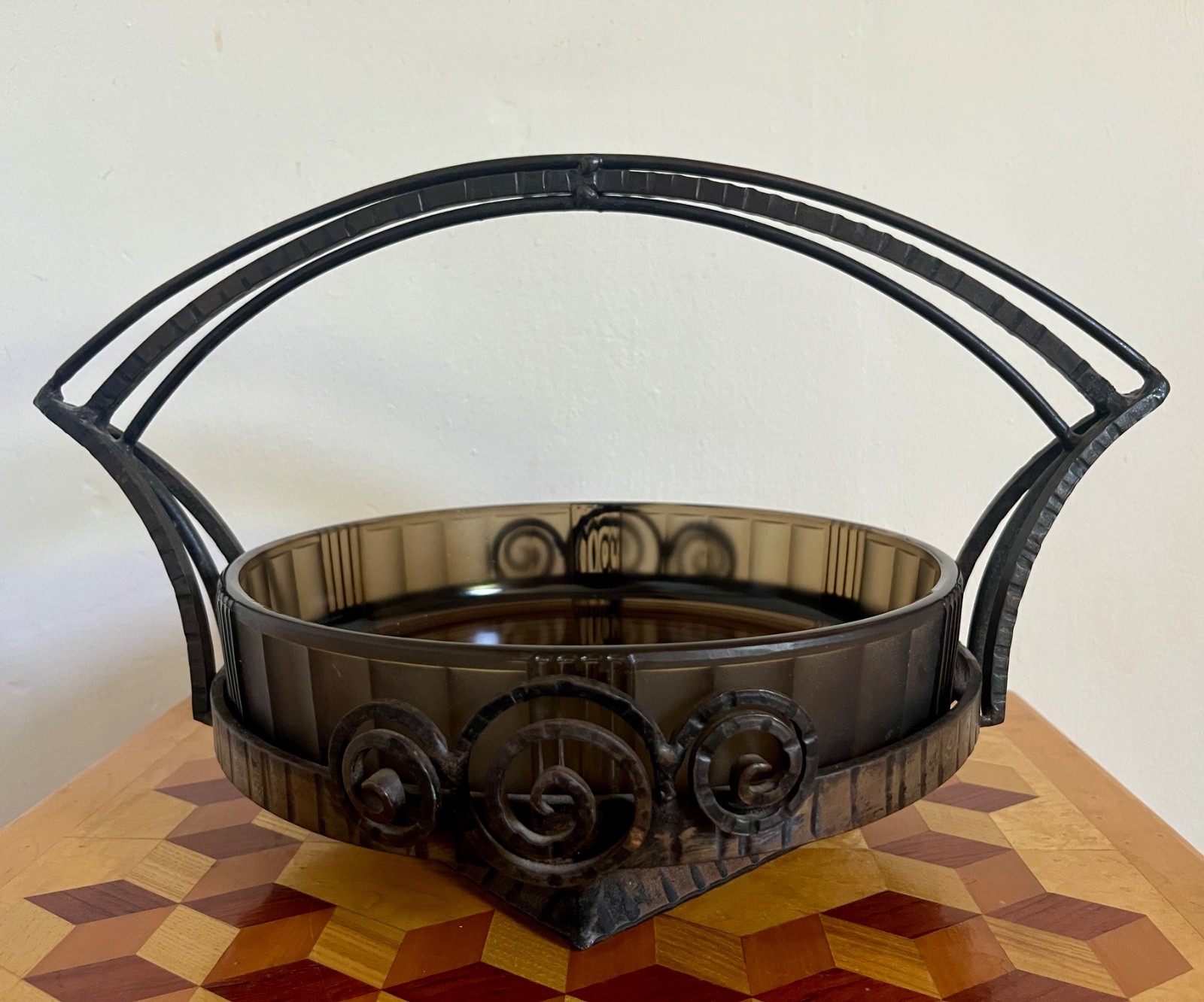 Antique Art Deco Wrought Iron & Glass Centrepiece Bowl Basket Muller Freres?