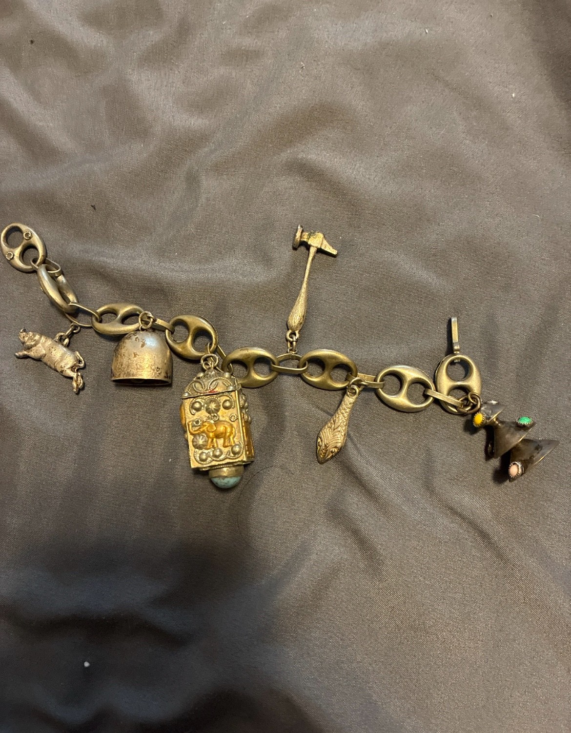 Etruscan Charms Bracelet 800 Sterling Silver Antique Italian Revival 8.5″ 6 fobs