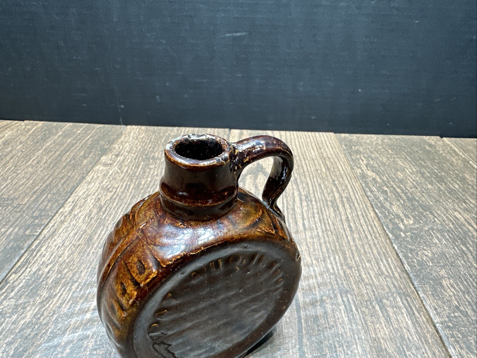 Antique BROWN Glazed Stonewear Whiskey Canteen Jug Pat. Aug. 11, 1891 Primitive