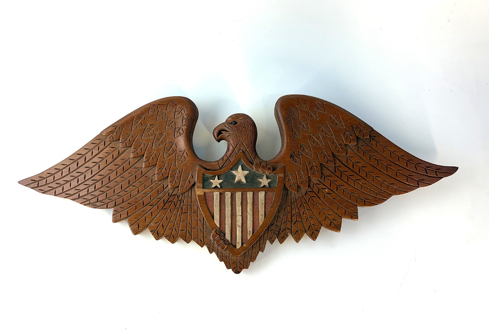 Vtg 1964 Bellamy-style Federal American Eagle Wood Carved Plaque signed Larson