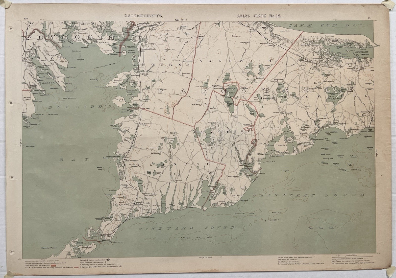 1891 Original Cape Cod Map,Falmouth,Mashpee,Sandwich,Barnstable,Mass,MA,Bay,Old