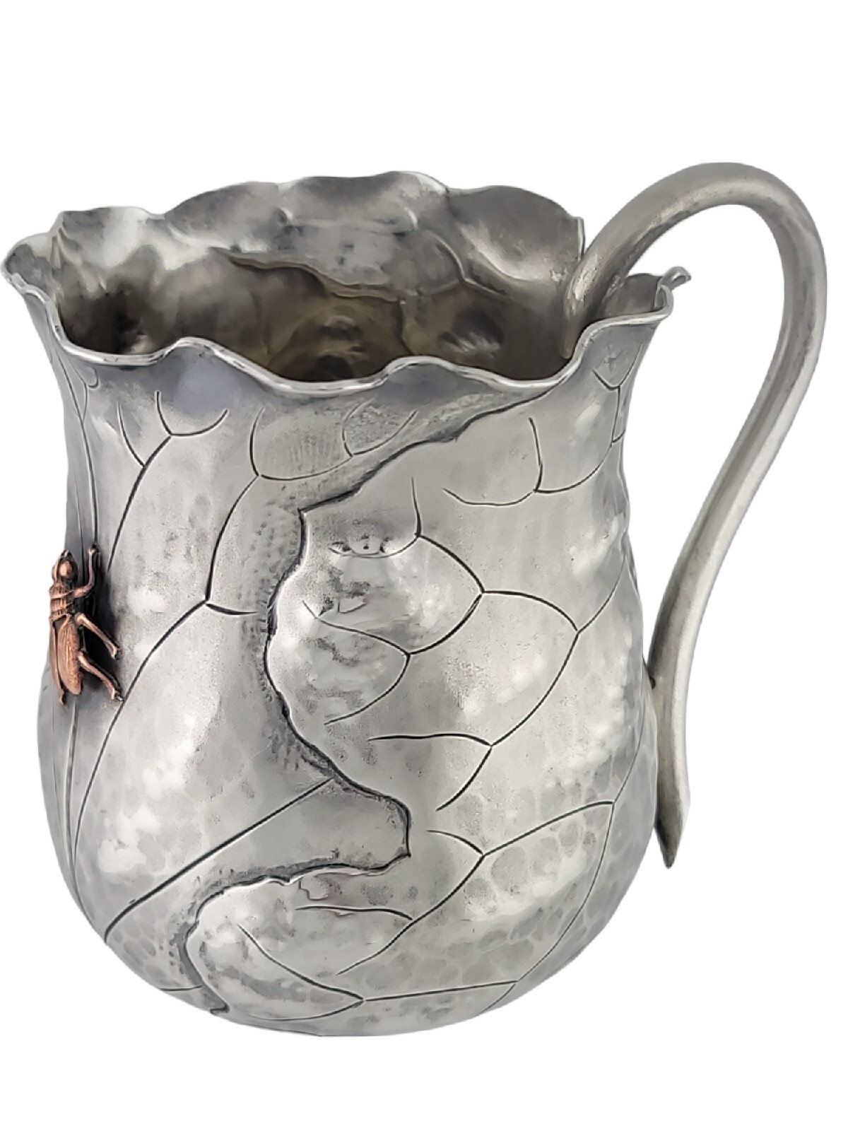 Rare Sterling SHIEBLER Cup Mug Aesthetic Mixed Metals Cabbage Leaf & copper Bug