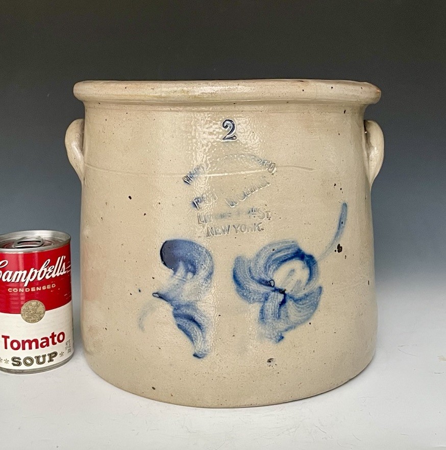 Antique Stoneware Crock w/ Cobalt Floral, Wm. MacQuoid, Manhattan NYC, 1863-1879