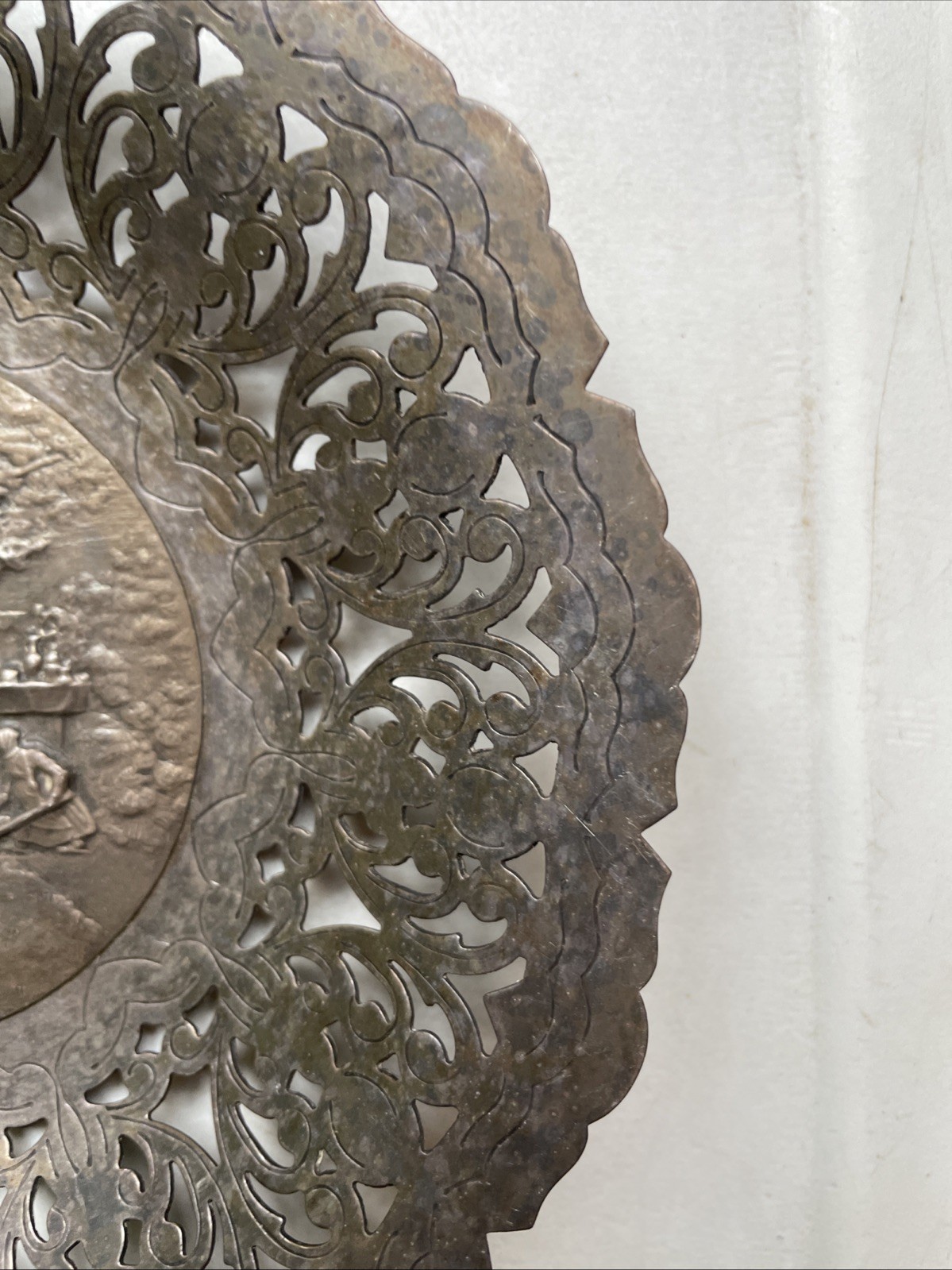 Antique Denmark Pierced Silverplate Dutch Farm Workers Scene Dish 7” Round 1” Hi