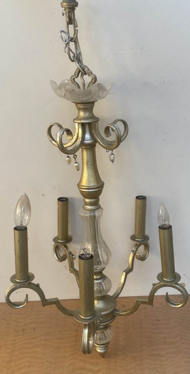 Antique Gold Brass/Glass Chandelier Gilded 5-Light Ornate Design