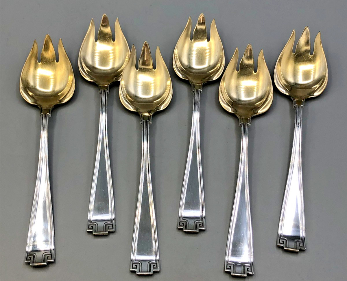Etruscan by Gorham Sterling Silver set of 6 Ice Cream Forks 5.25″, gold accent