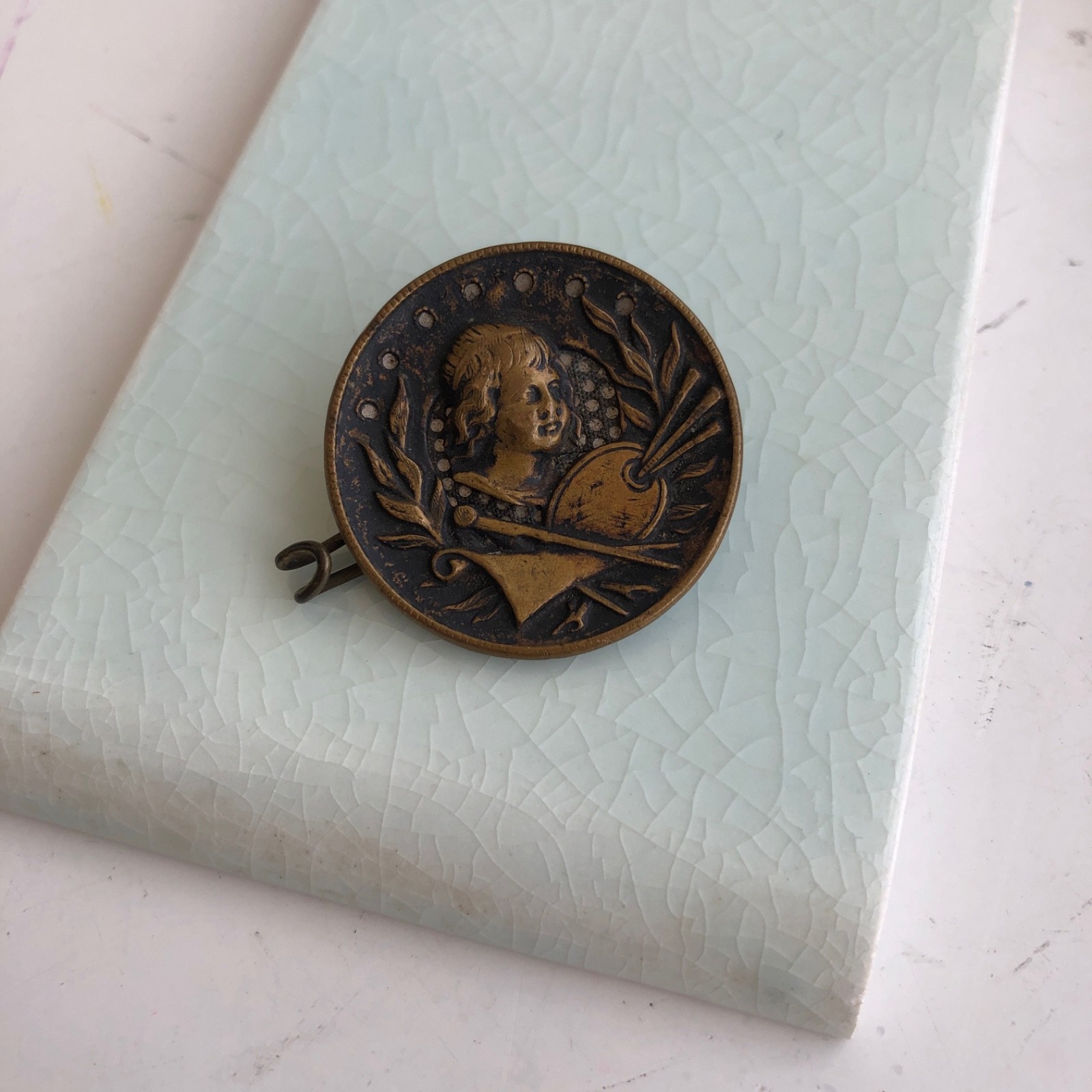 Antique Metal Portrait Shank Button , Artist/Painter Design – Modified Clasp