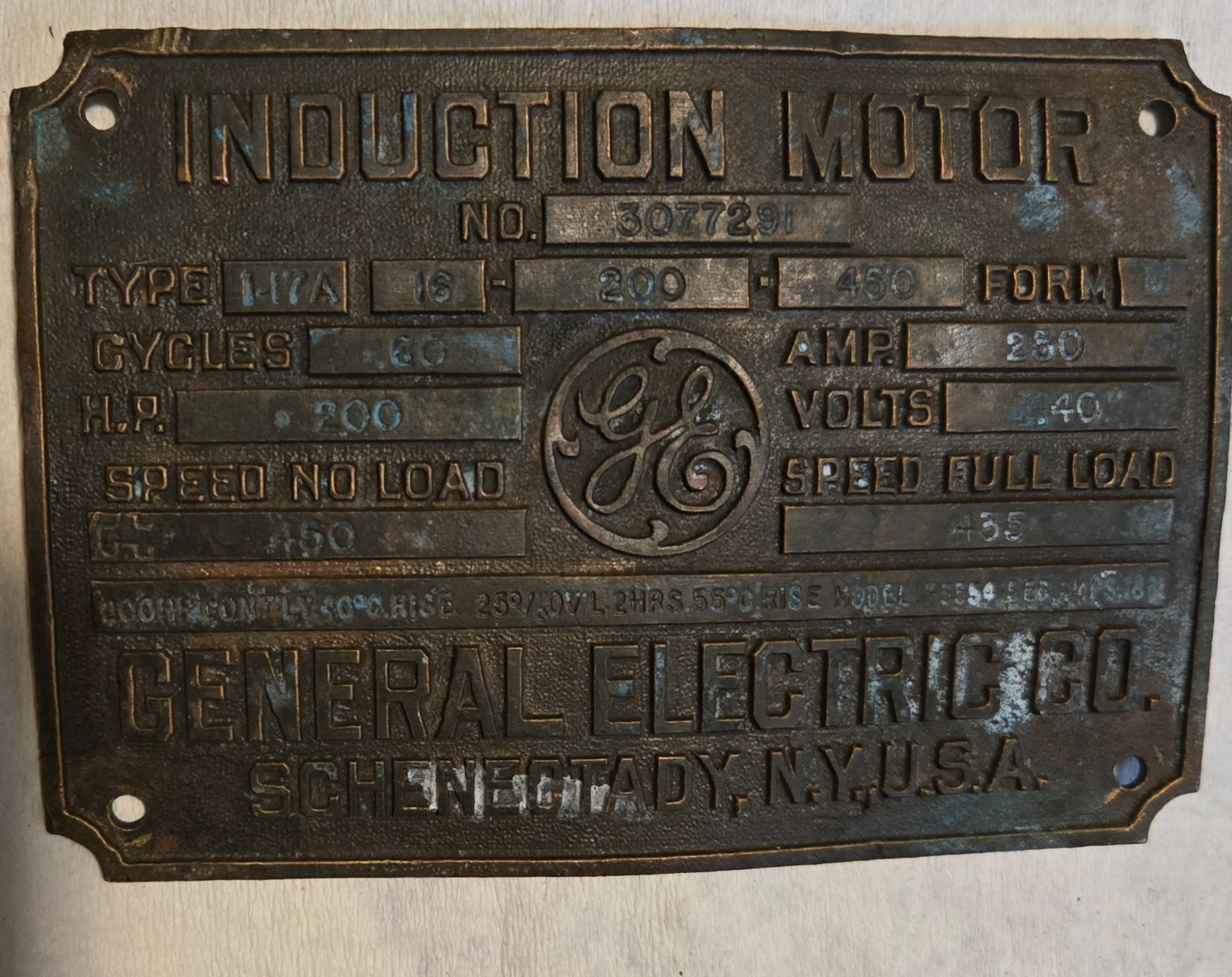 Antique GE General Electric Brass Induction Motor Plaque Schenectady NY 13513B