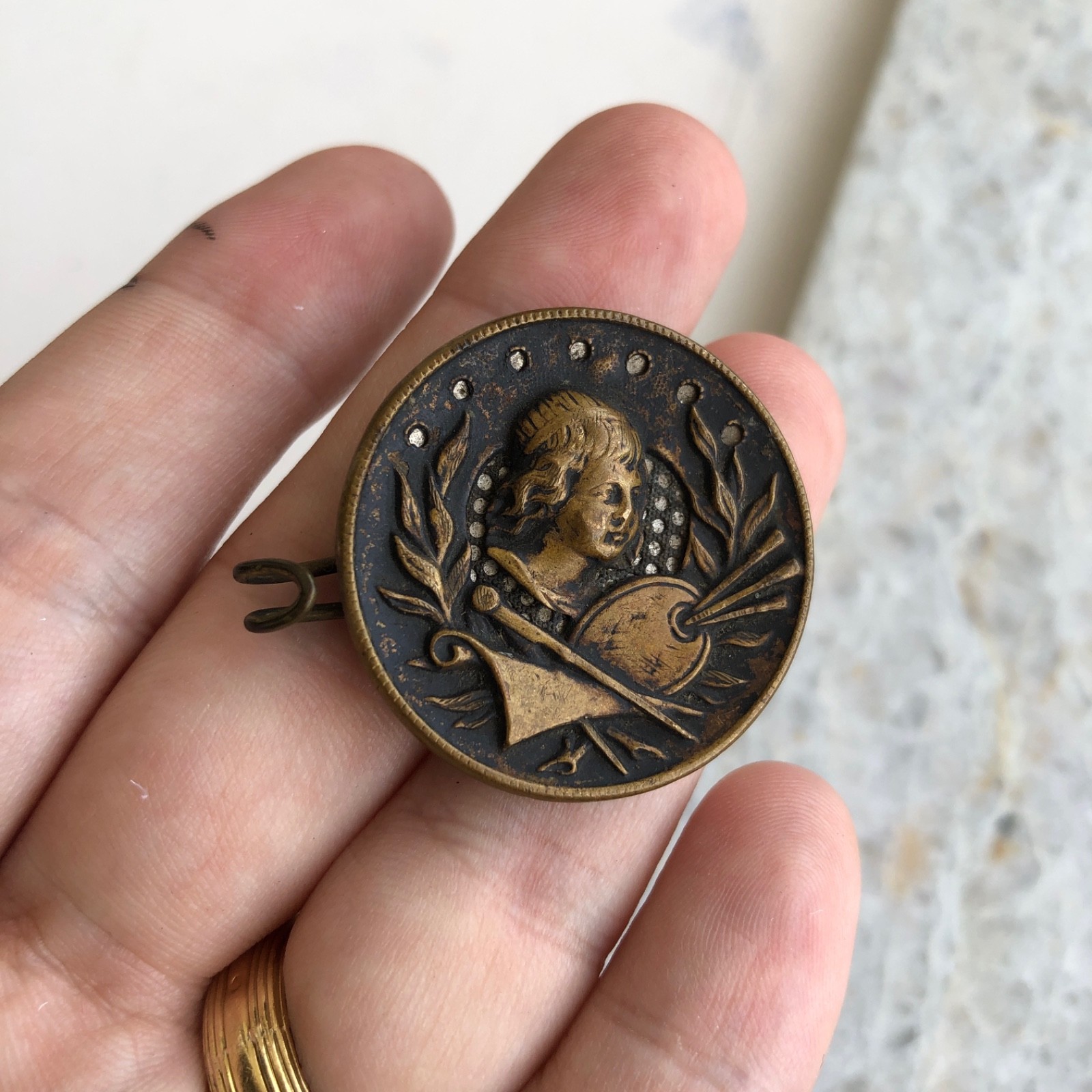 Antique Metal Portrait Shank Button , Artist/Painter Design – Modified Clasp