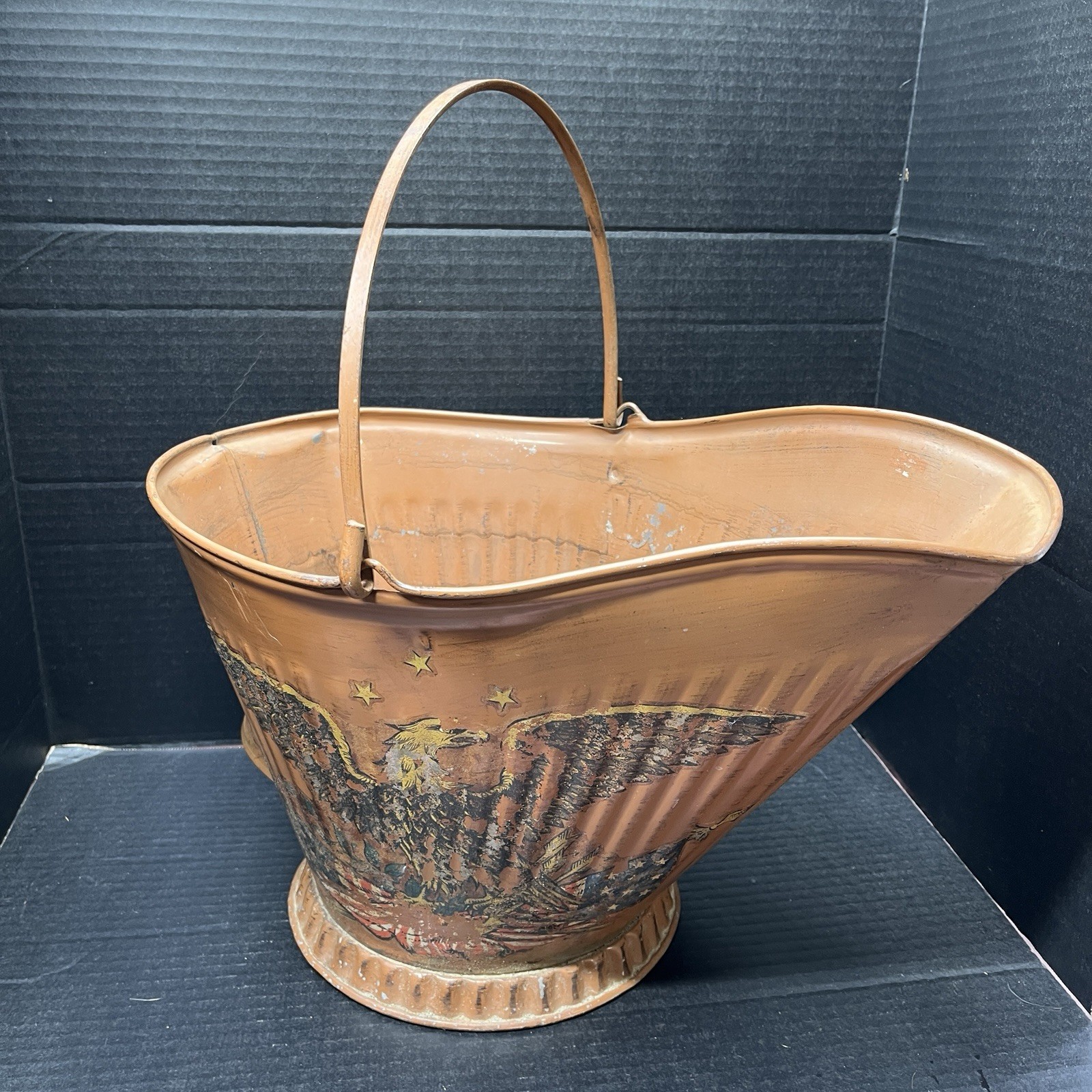 Vtg Metal Coal Ash Bucket with American Eagle Mid-Century Fireplace Decor READ