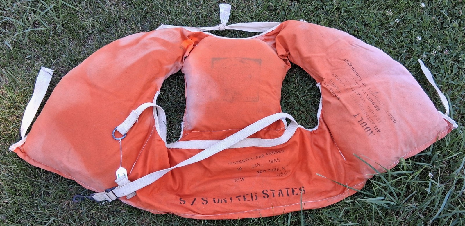 SS United States Vintage Life Jacket Dated 12 Jan 1966, New York, N.Y.