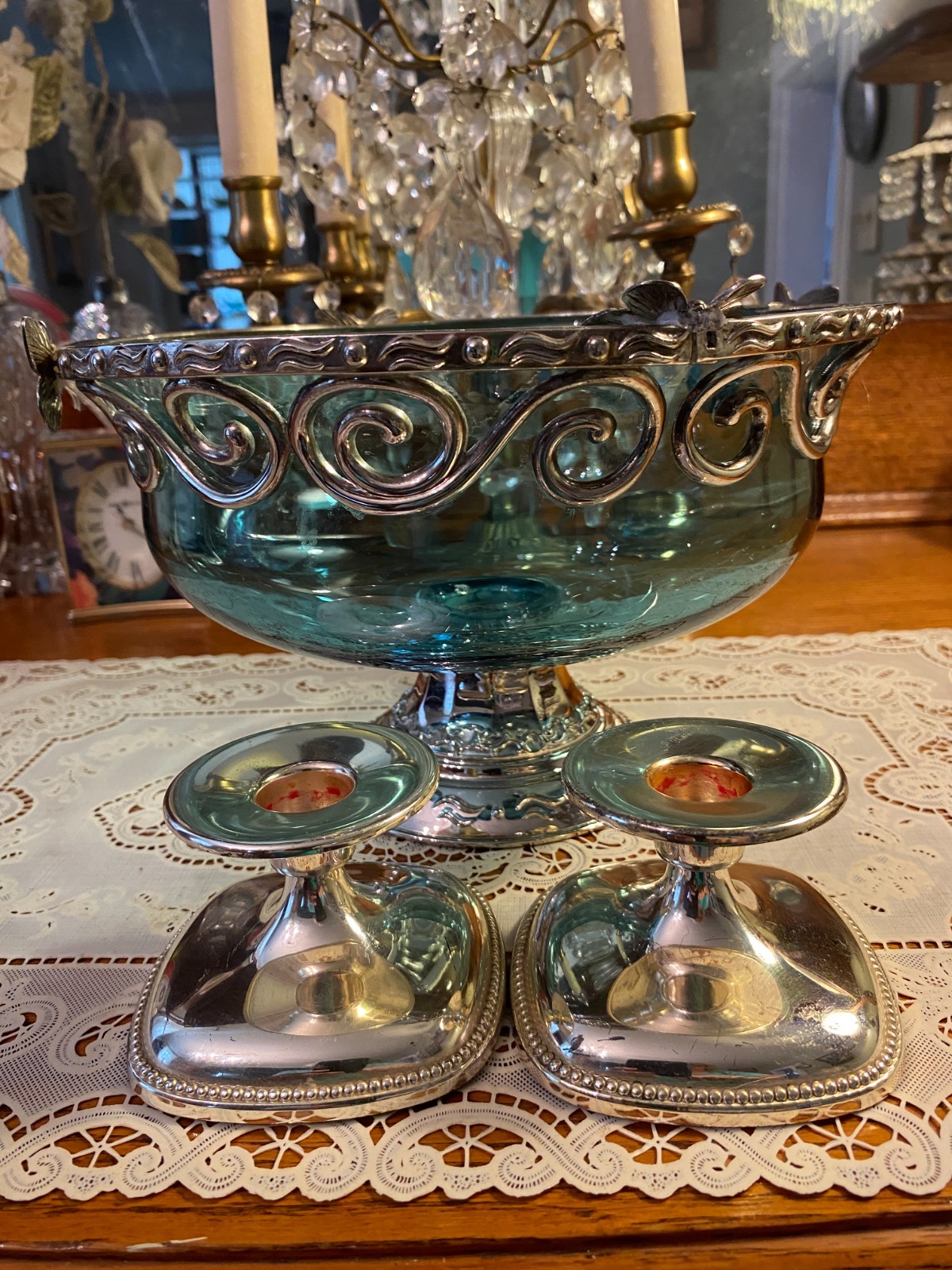 STUNNING BLUE GLASS CONSOLE BOWL STERLING SILVER MOUNT WMF CANDLESTICK HOLDERS