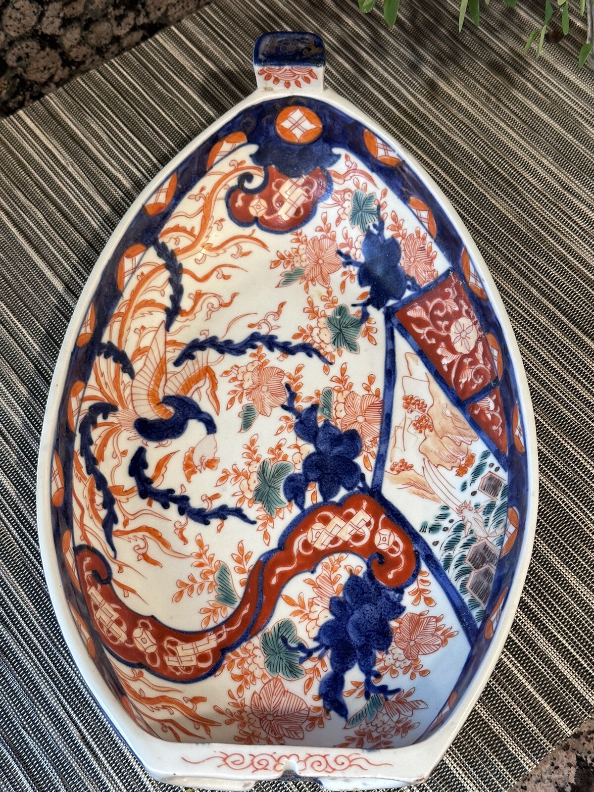 1850-1899 Antique Japanese Meji Period Imari Boat Platter Palatial Hibiscus