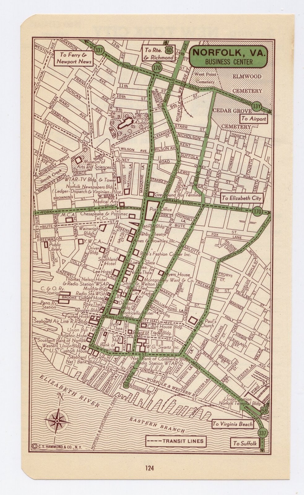 1951 ORIGINAL VINTAGE MAP OF NORFOLK VIRGINIA DOWNTOWN BUSINESS CENTER